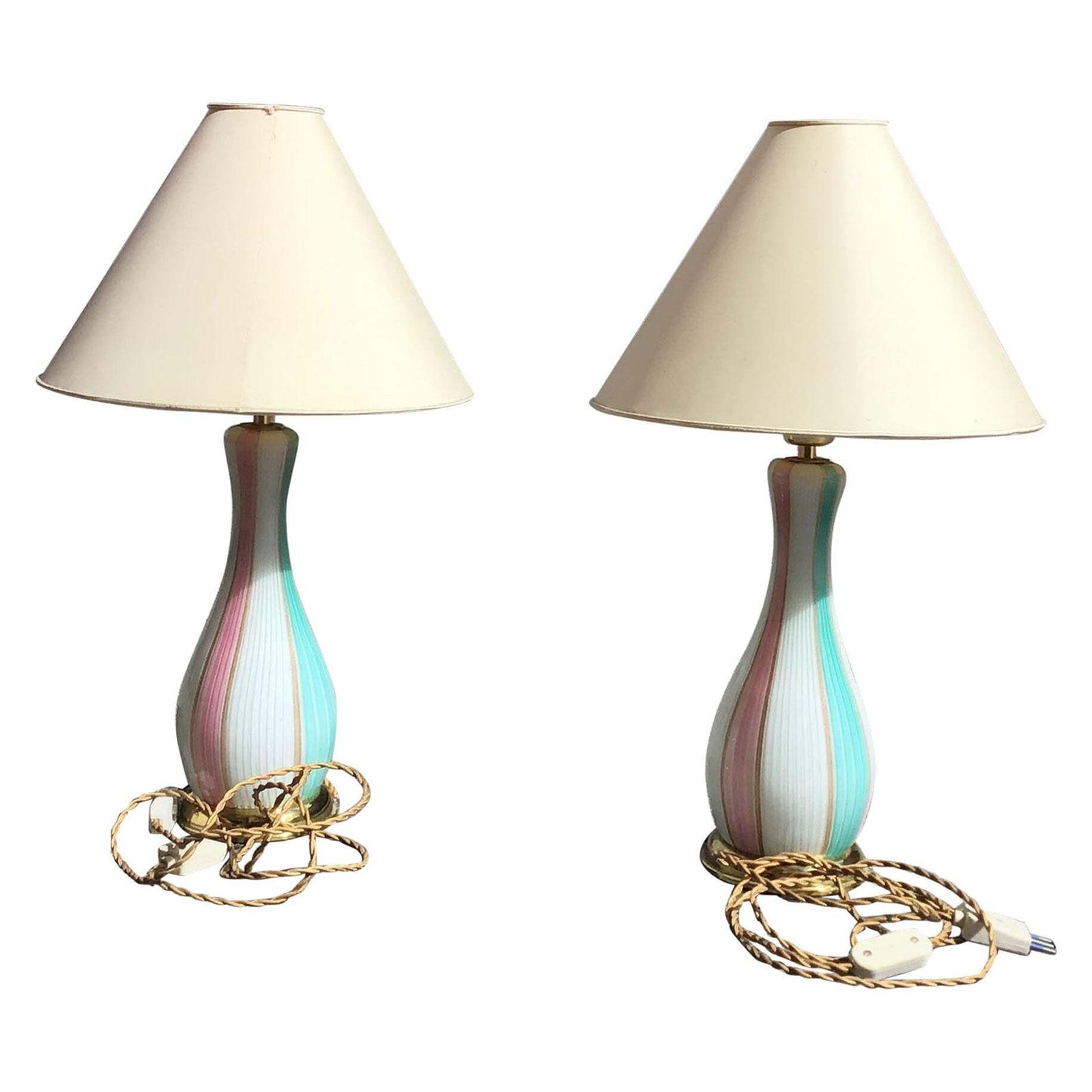 Venini Pair Of Murano Glass Table Lamps Gold Brass Inclusions