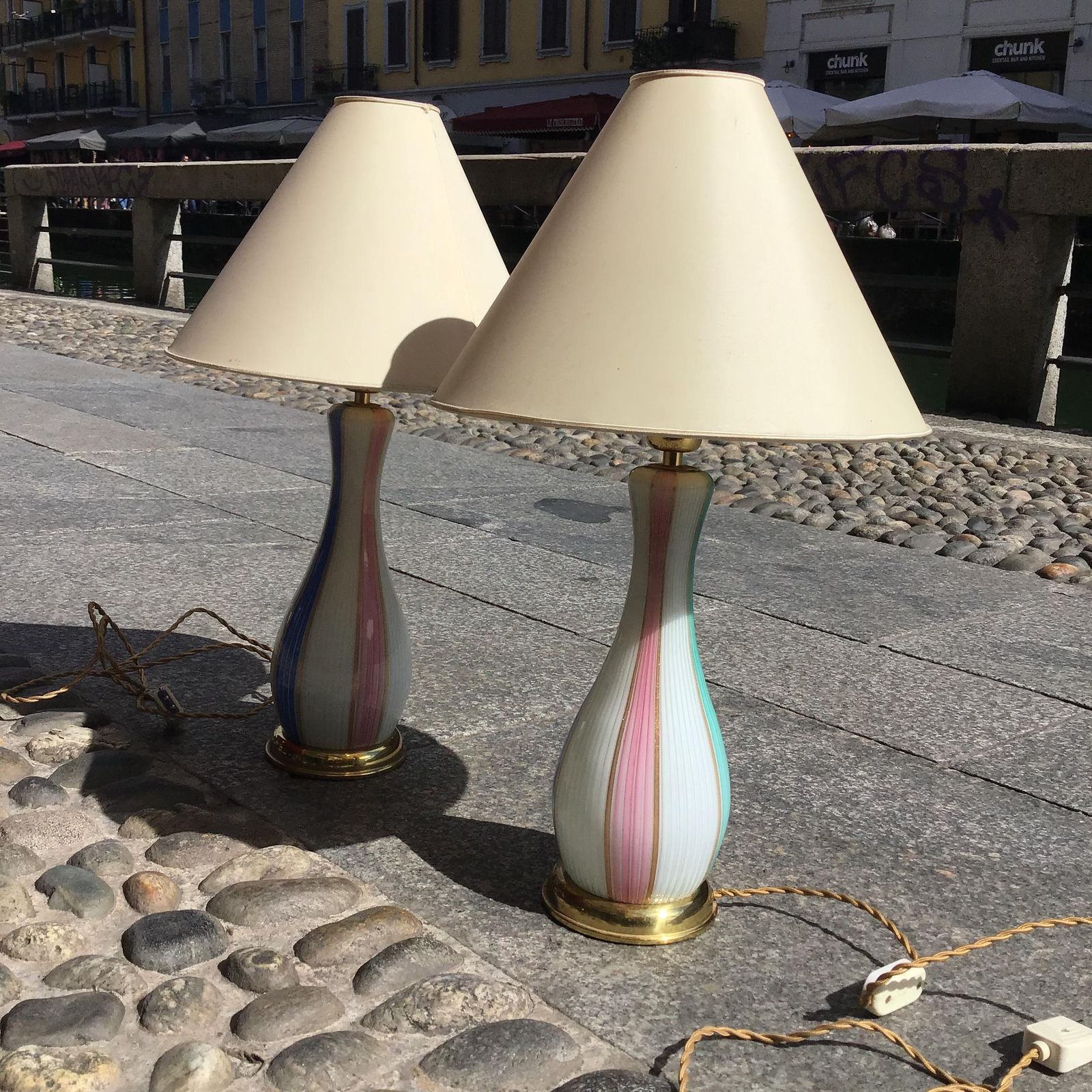 photo for sale Venini Pair Of Murano Glass Table Lamps Gold Brass Inclusions