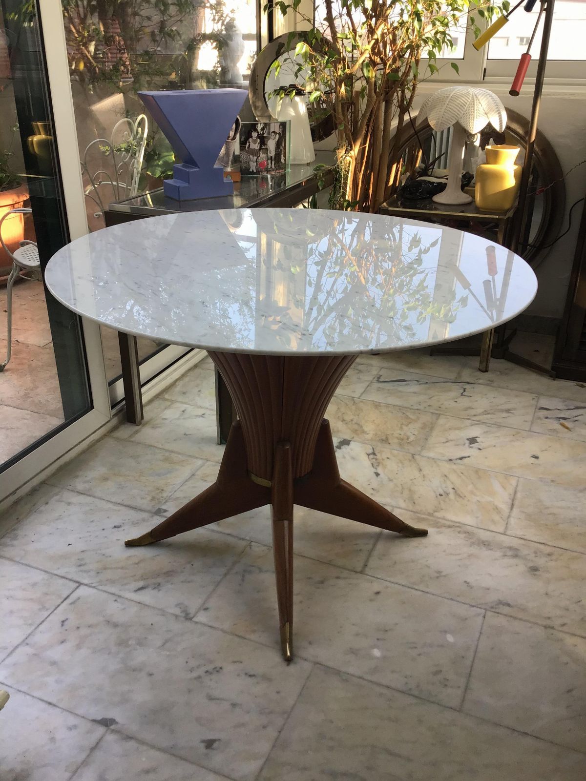 Dining Table Wood Marble Brass Style Of Ico Parisi 1950 Italy photo for sale