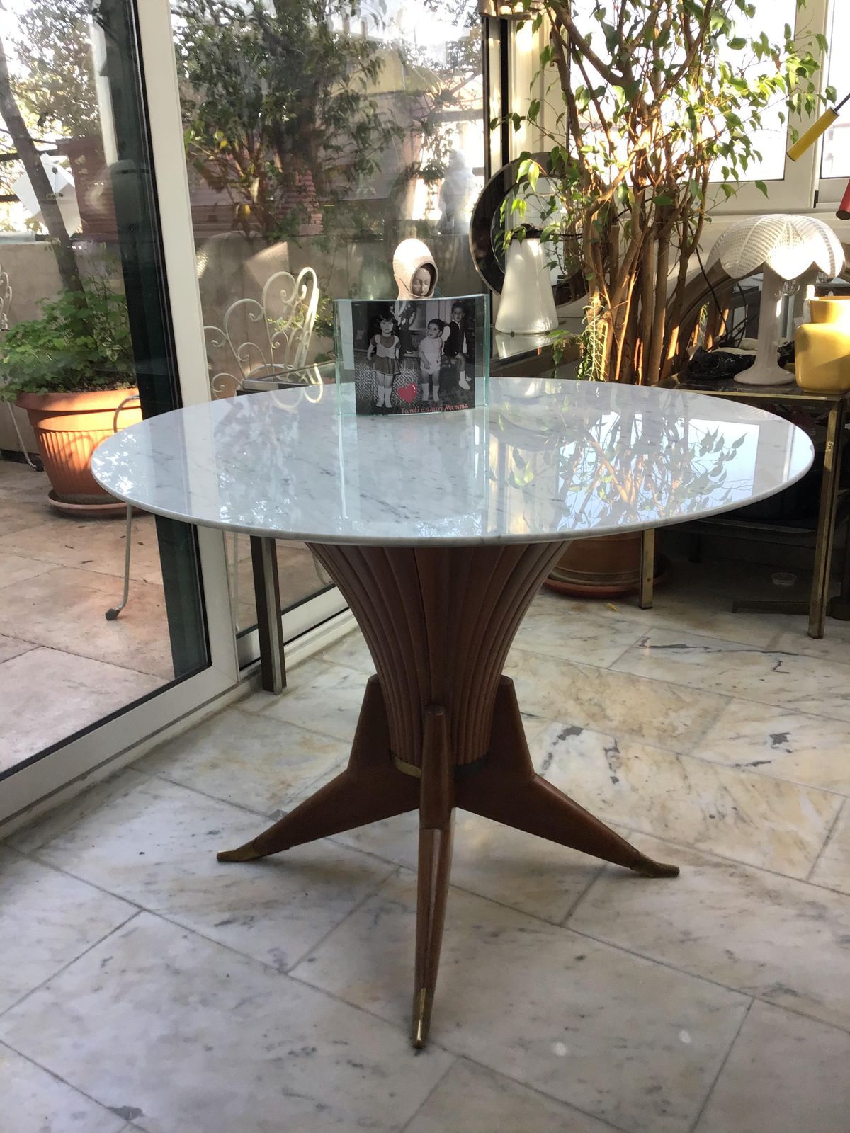 photo vintage Dining Table Wood Marble Brass Style Of Ico Parisi 1950 Italy