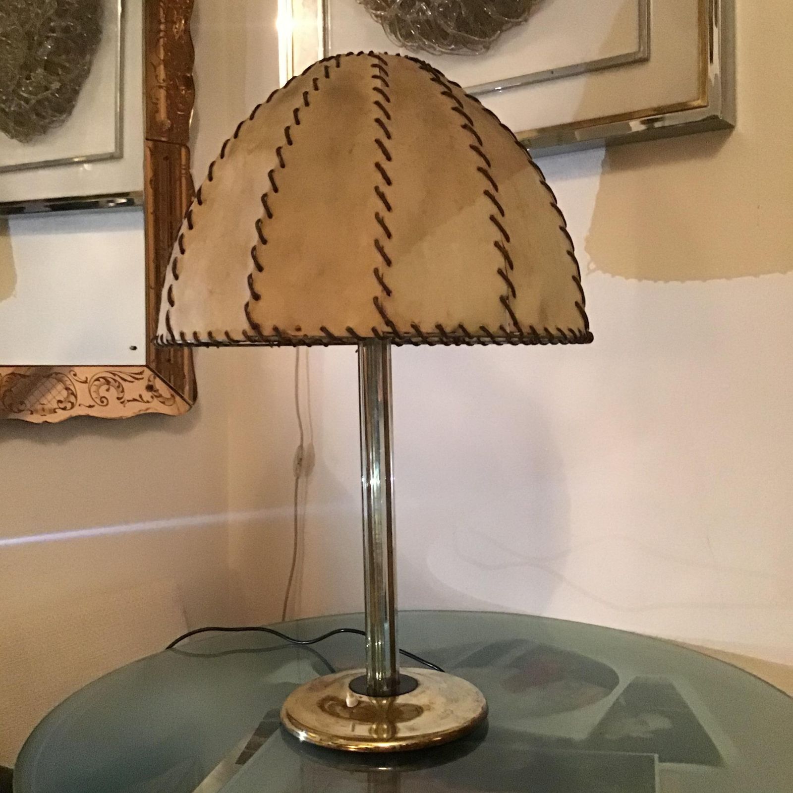 Fontana Arte Max Ingrand Table Lamp Brass Glass Wood Lampshade 1940 Italy photo vintage