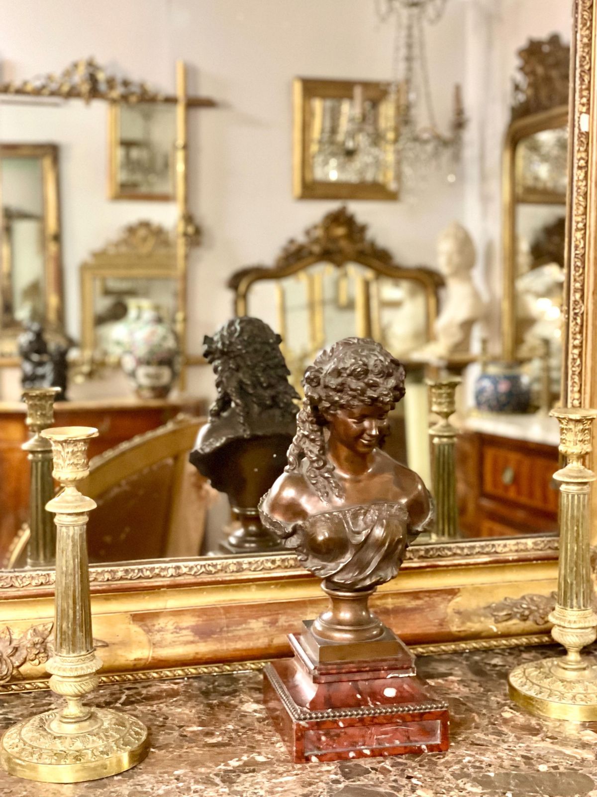 photo vintage 19th Century Bronze Bust By Mathurin Moreau On Griotte Marble Base