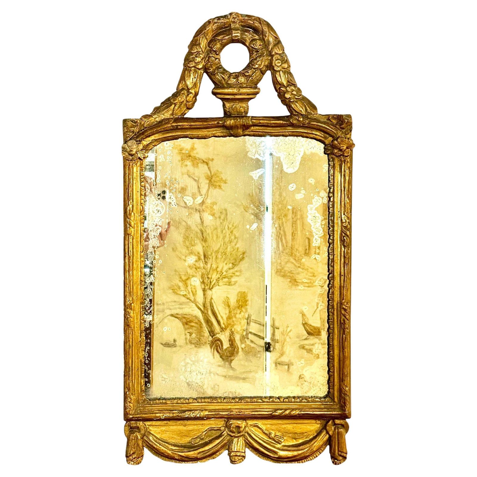 18th Century Louis XVI Giltwood Mirror With Laurel Crest And Draped Base