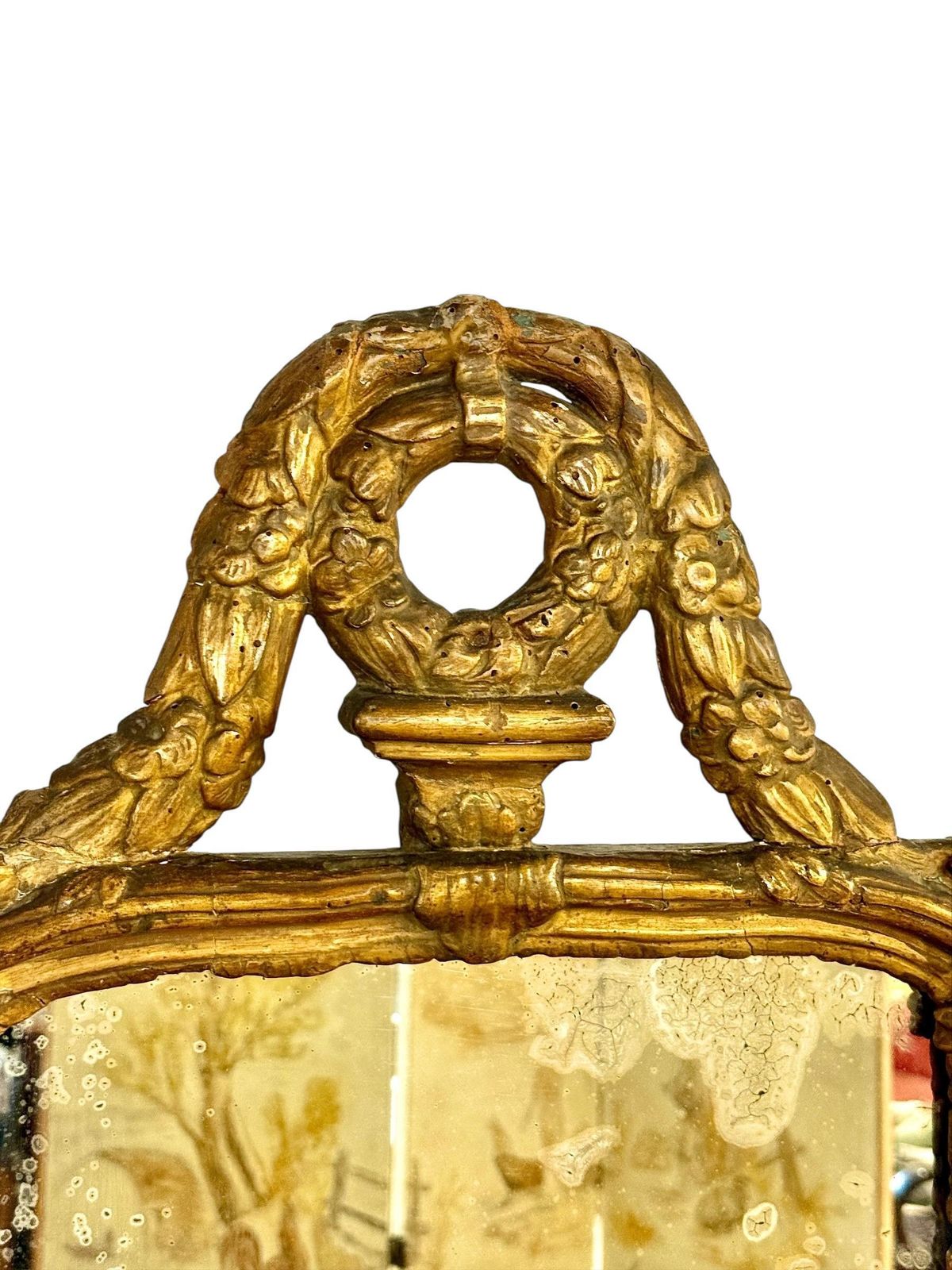 18th Century Louis XVI Giltwood Mirror With Laurel Crest And Draped Base photo furniture