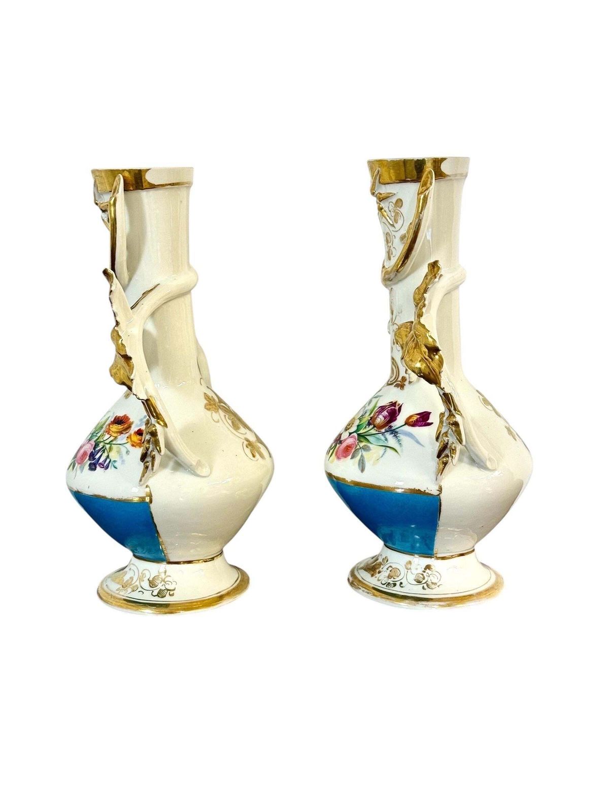 Pair Of 19th C. Paris Porcelain Vases With Gilt Handles And Floral Painting photo furniture