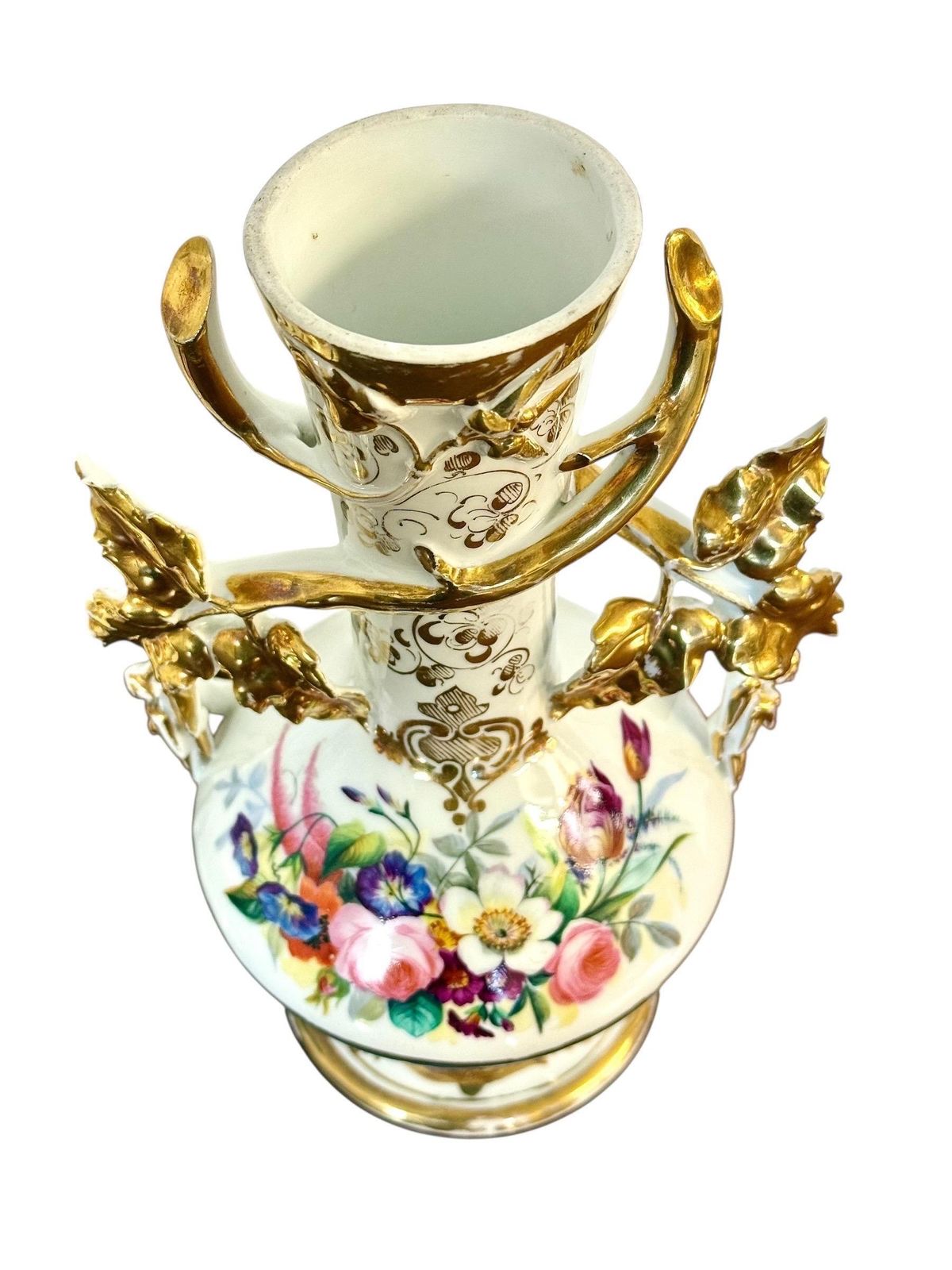 Pair Of 19th C. Paris Porcelain Vases With Gilt Handles And Floral Painting photo for sale