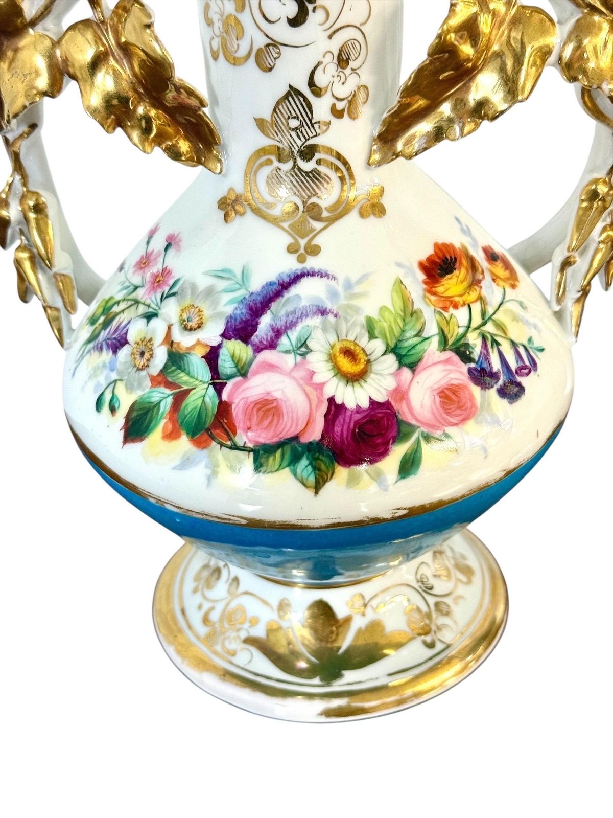 Pair Of 19th C. Paris Porcelain Vases With Gilt Handles And Floral Painting photo vintage