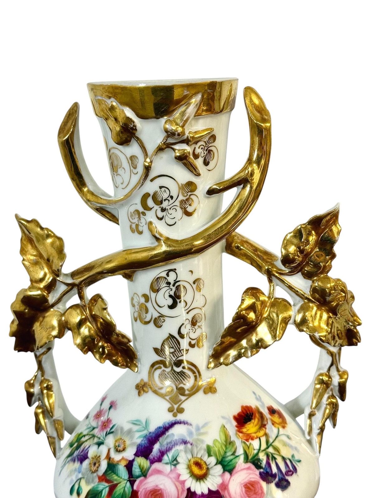 photo furniture Pair Of 19th C. Paris Porcelain Vases With Gilt Handles And Floral Painting
