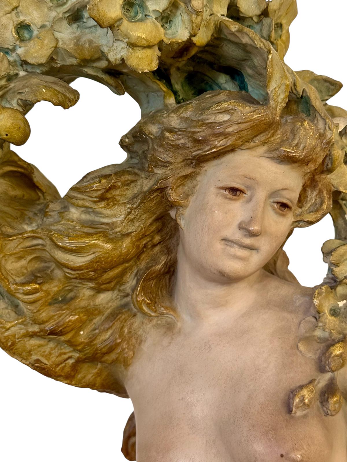 Large French Art Nouveau Polychrome Plaster Statue Of A Floral Maiden, C.1900 photo furniture