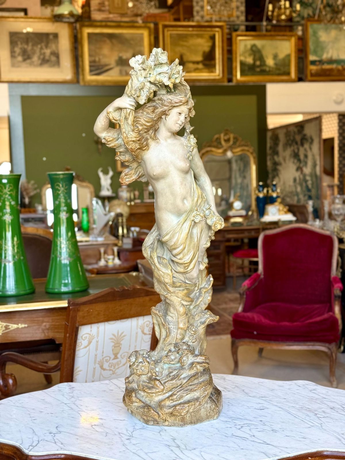 2851.0 Large French Art Nouveau Polychrome Plaster Statue Of A Floral Maiden, C.1900 photo