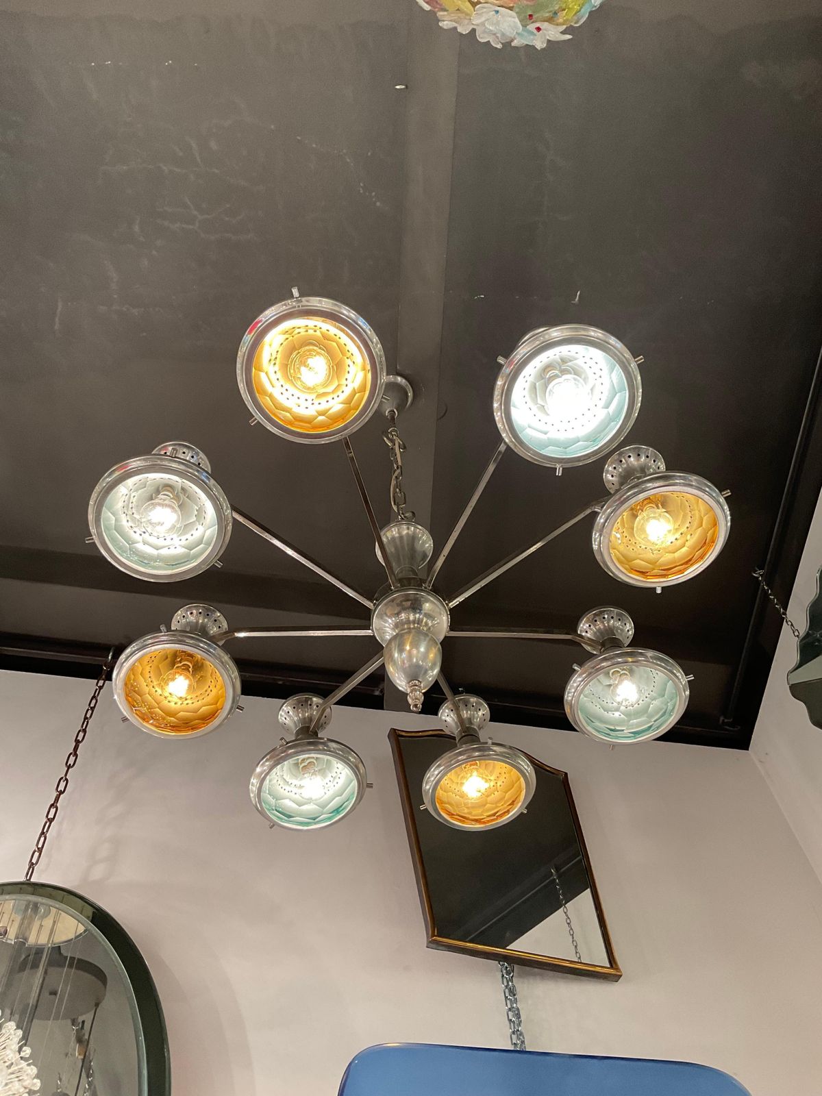 Stilnovo Chandelier Metal Crome Colored Faceted Glass 1950 Italy photo furniture