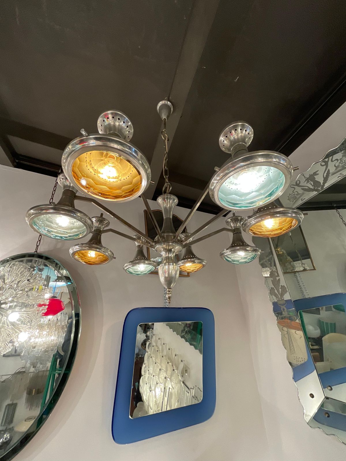 Stilnovo Chandelier Metal Crome Colored Faceted Glass 1950 Italy photo Lighting