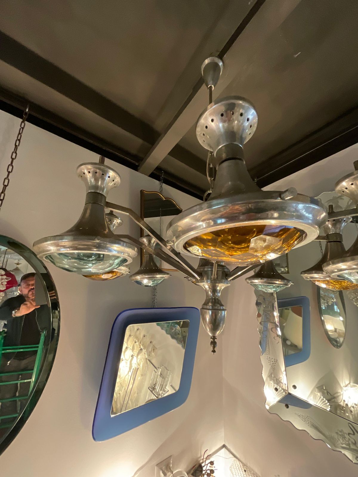 Stilnovo Chandelier Metal Crome Colored Faceted Glass 1950 Italy photo vintage