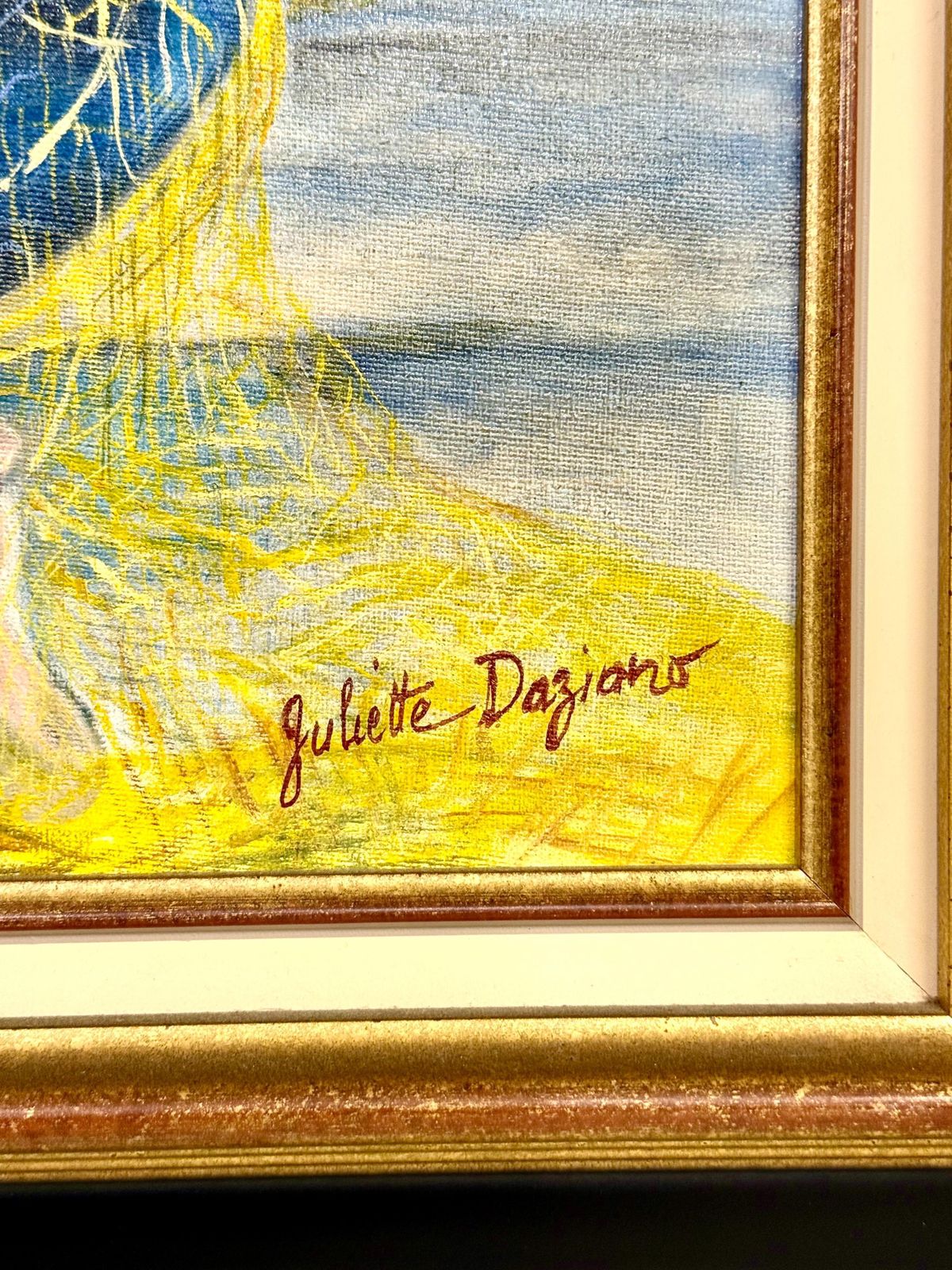 Oil On Canvas In A Giltwood Frame "Fisherman With Nets" By Juliette Daziano photo vintage