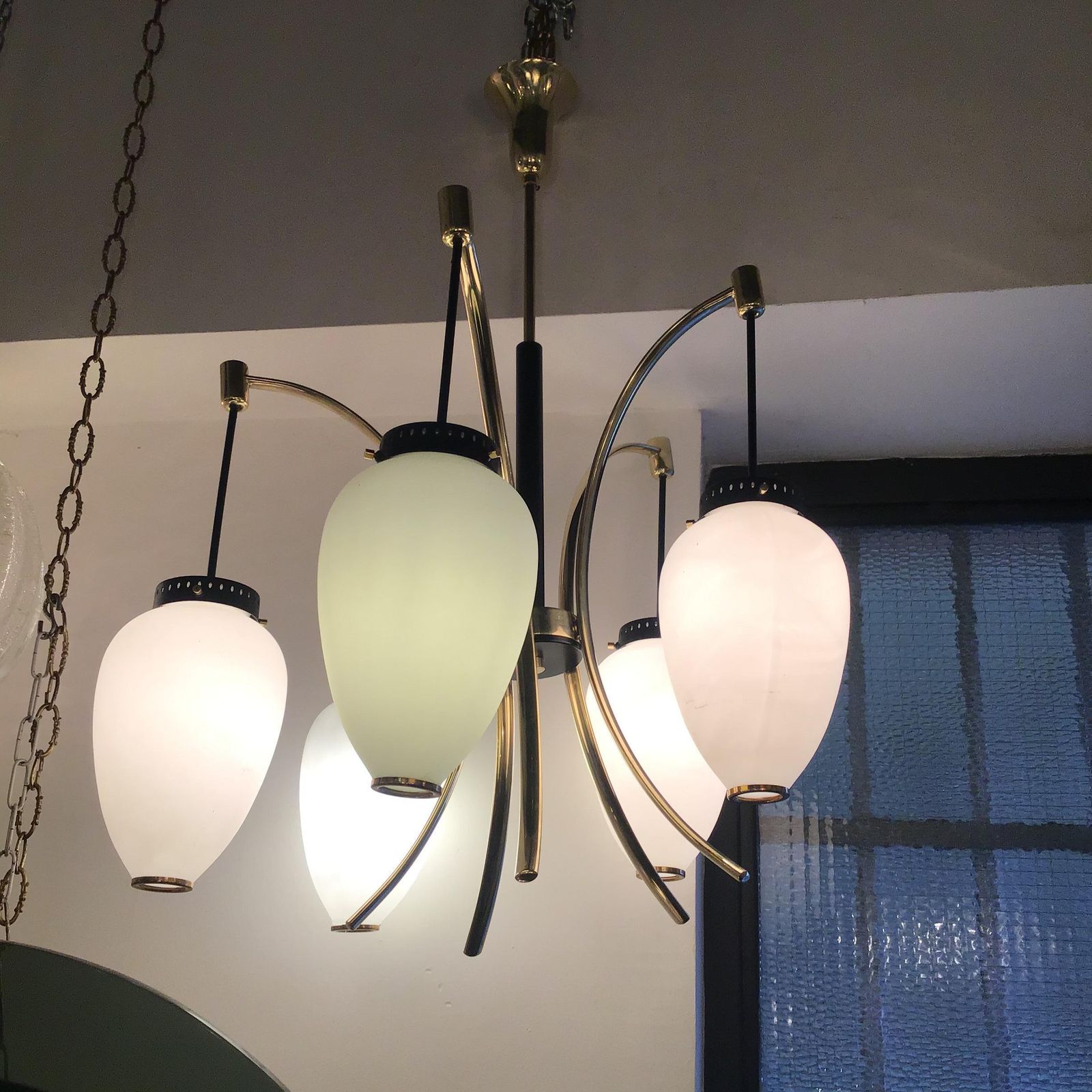 Stilnovo Chandelier Opaline Glass Brass Iron 1950 Italy photo furniture
