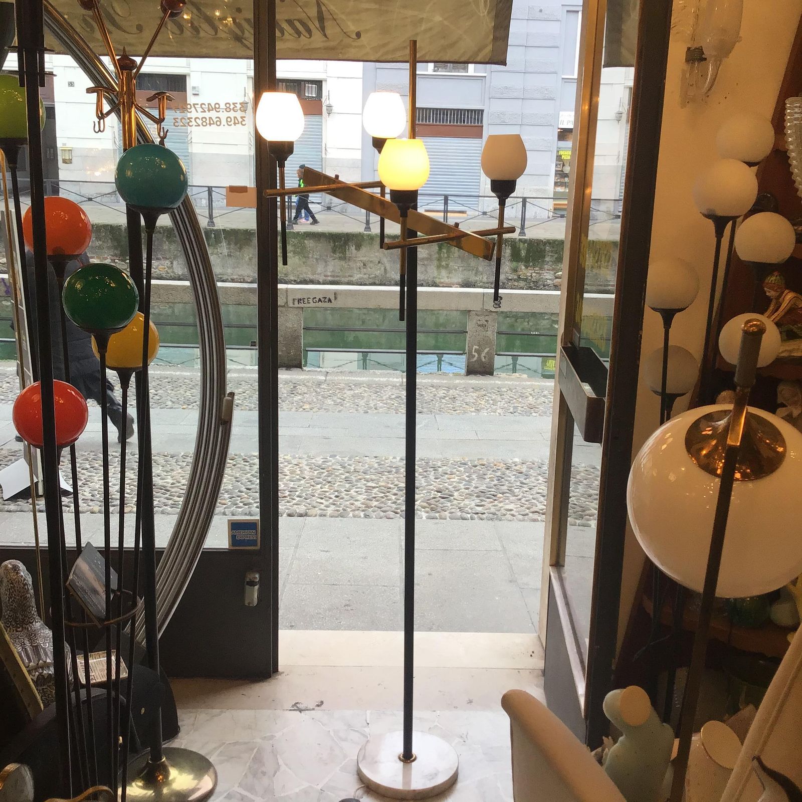 4867.0 Stilnovo Floor Lamp Four Light Marble Iron Glass Brass, Italy photo