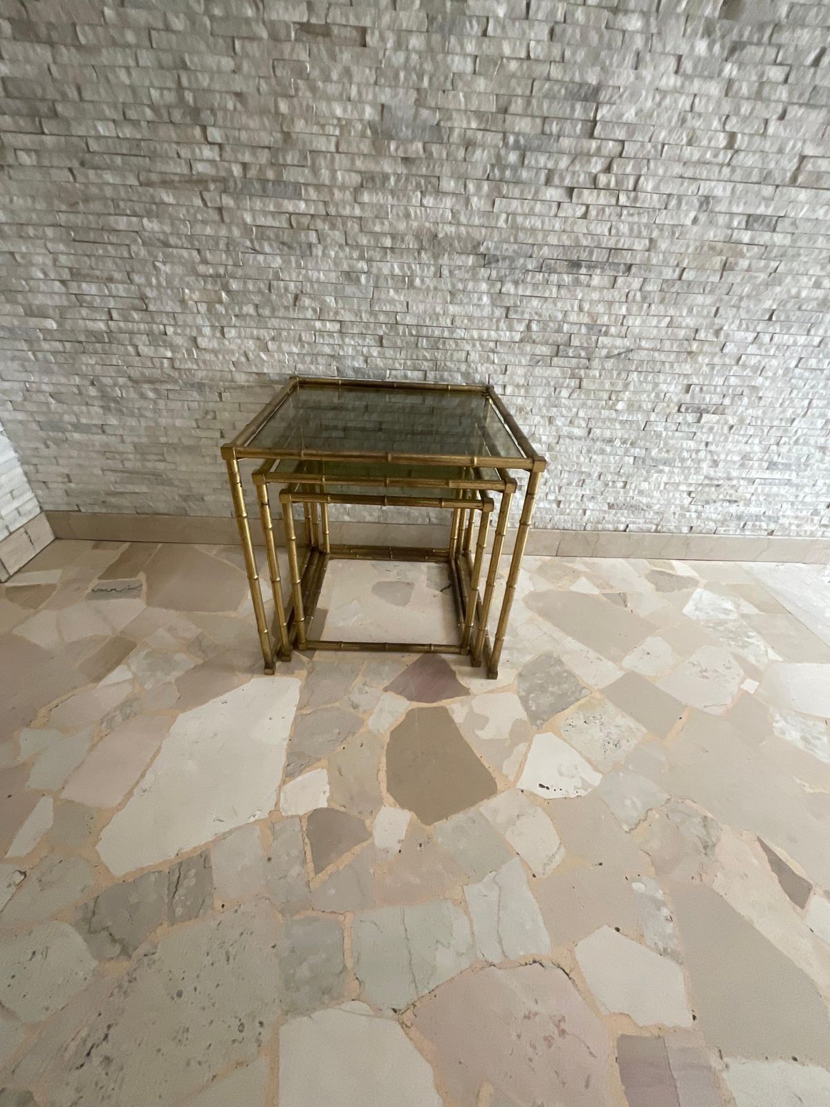Set Of 3 Interlocking Tables Made Of Brass Worked In The Shape Of Bamboo, And Glass Italy photo Furniture