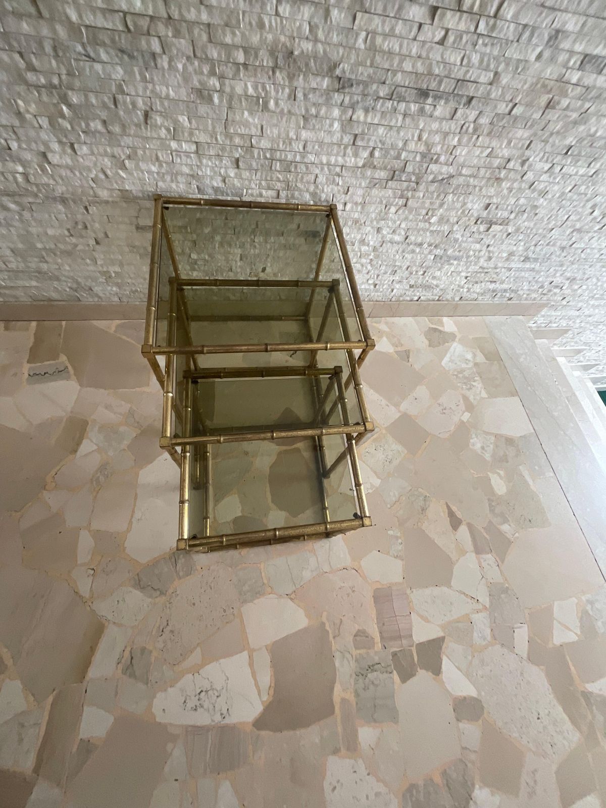 photo for sale Set Of 3 Interlocking Tables Made Of Brass Worked In The Shape Of Bamboo, And Glass Italy