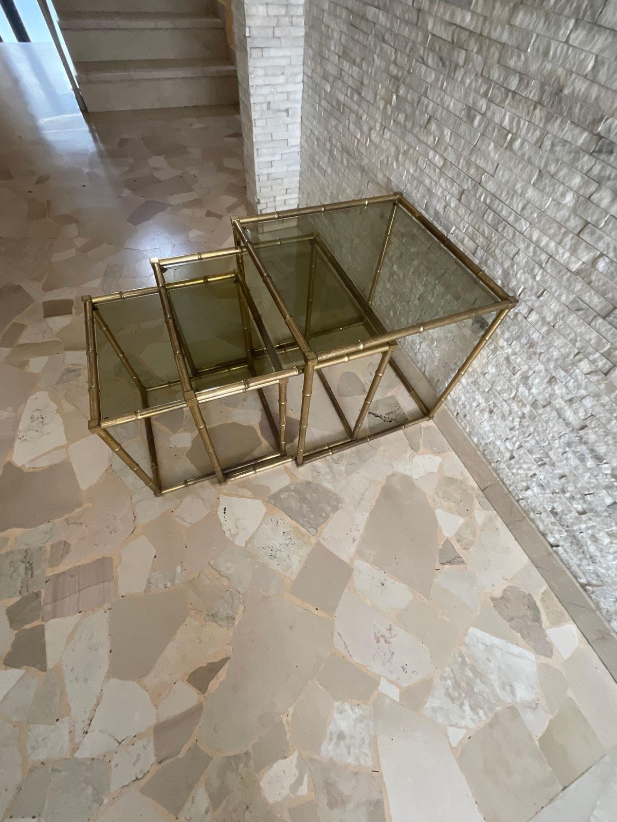 Furniture Set Of 3 Interlocking Tables Made Of Brass Worked In The Shape Of Bamboo, And Glass Italy photo
