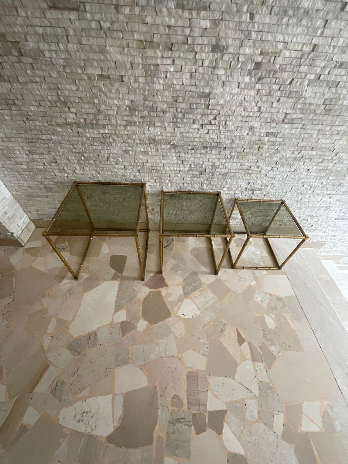 2478.0 Set Of 3 Interlocking Tables Made Of Brass Worked In The Shape Of Bamboo, And Glass Italy photo