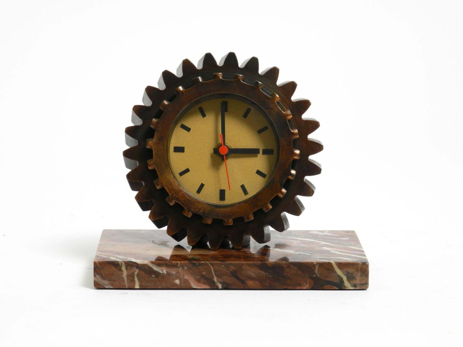 Beautiful 70s Heavy Table Clock Made Of An Iron Gear And A Marble Base photo furniture