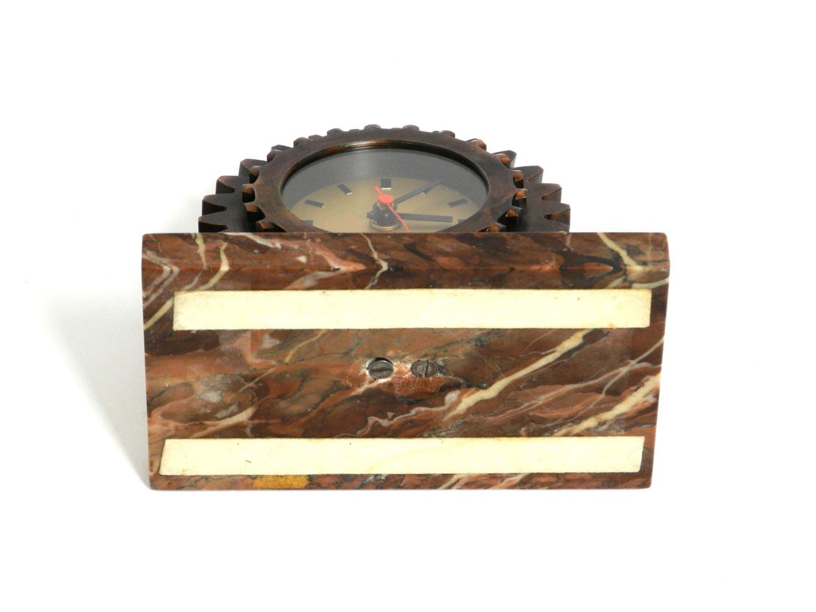 photo furniture Beautiful 70s Heavy Table Clock Made Of An Iron Gear And A Marble Base