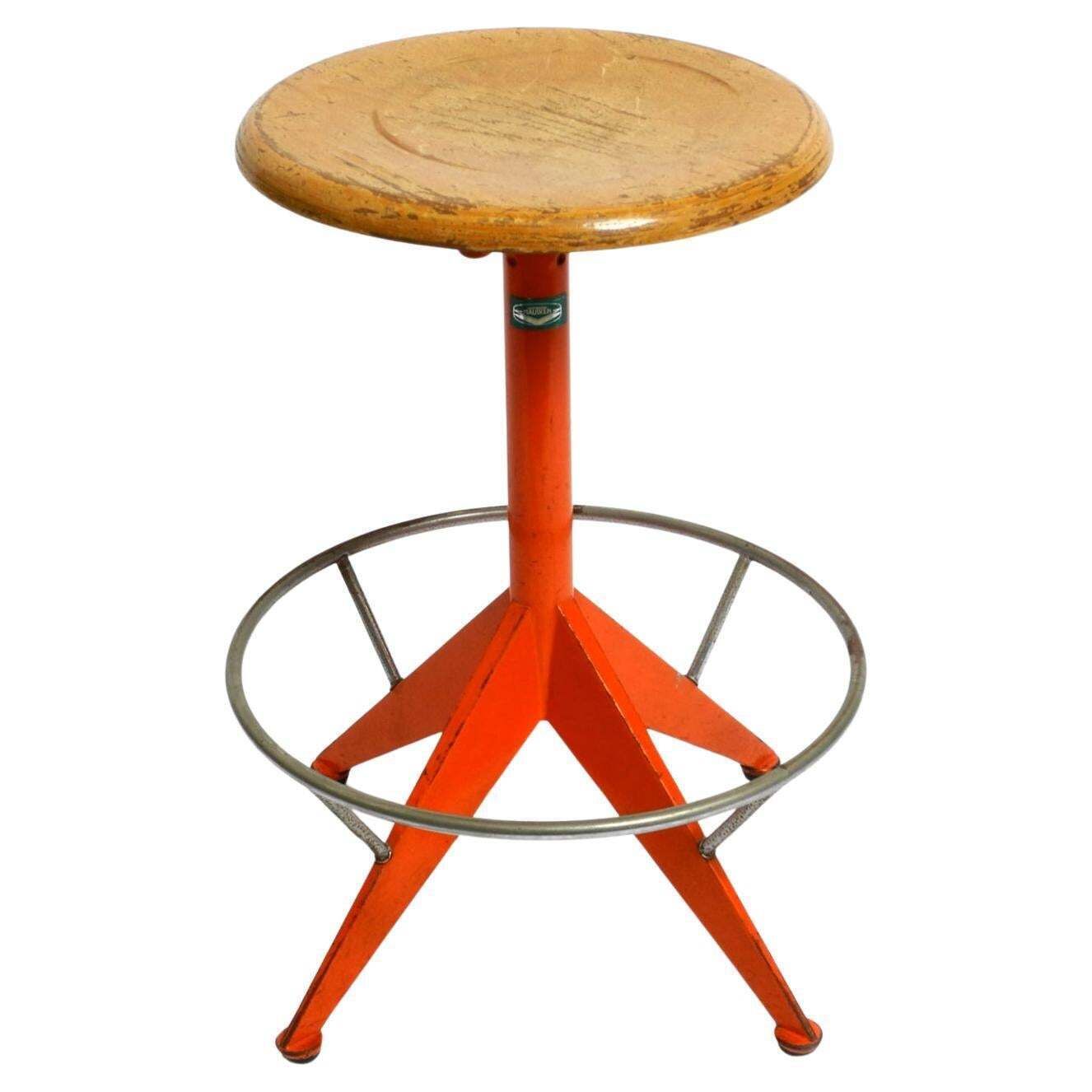 Rare Solid Italian Mid Century Industrial Metal Stool By Mautren In Rare Orange