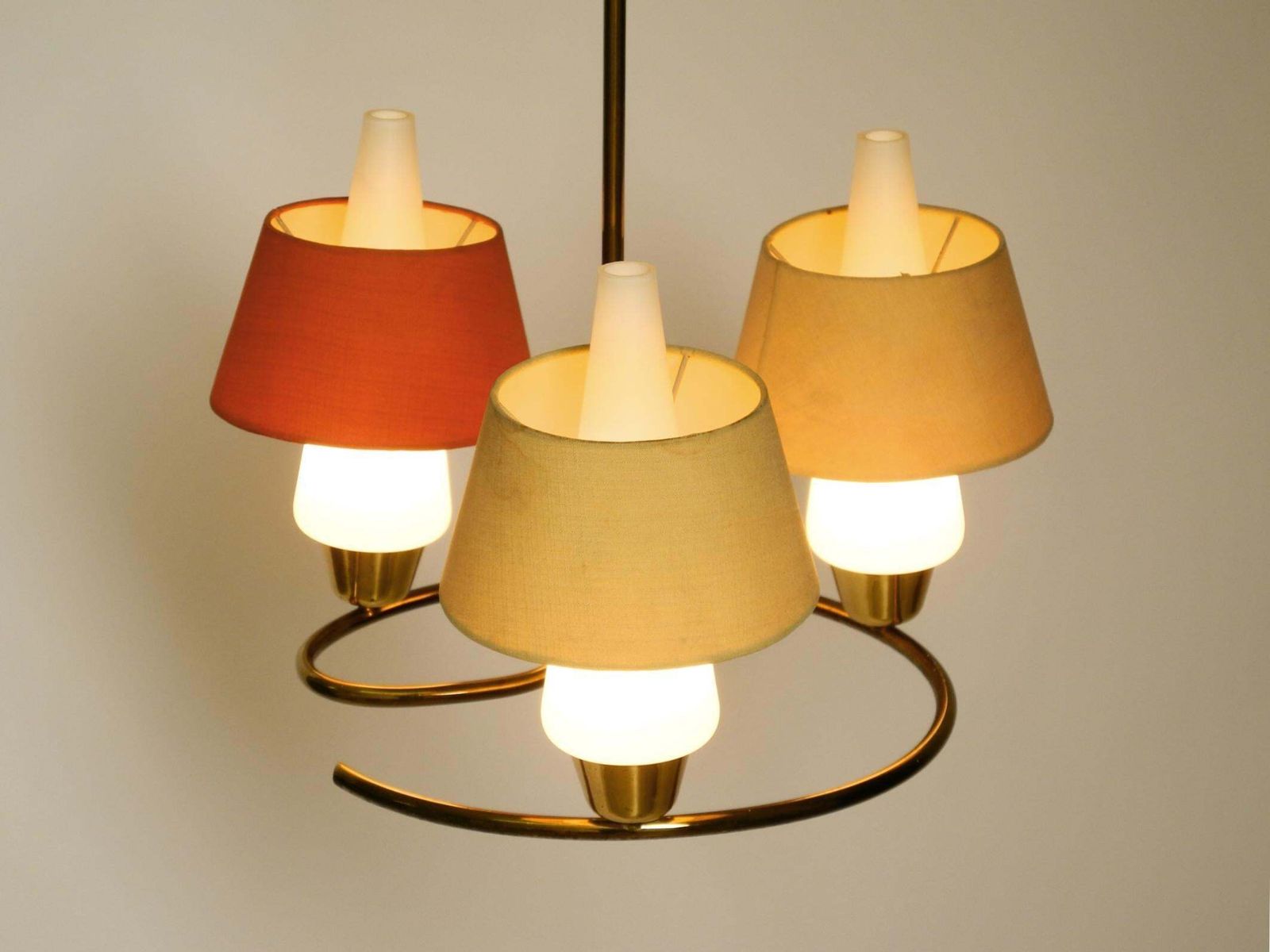 Mid Century Brass Ceiling Lamp With Glass And Fabric Shades By J. T. Kalmar photo vinterior