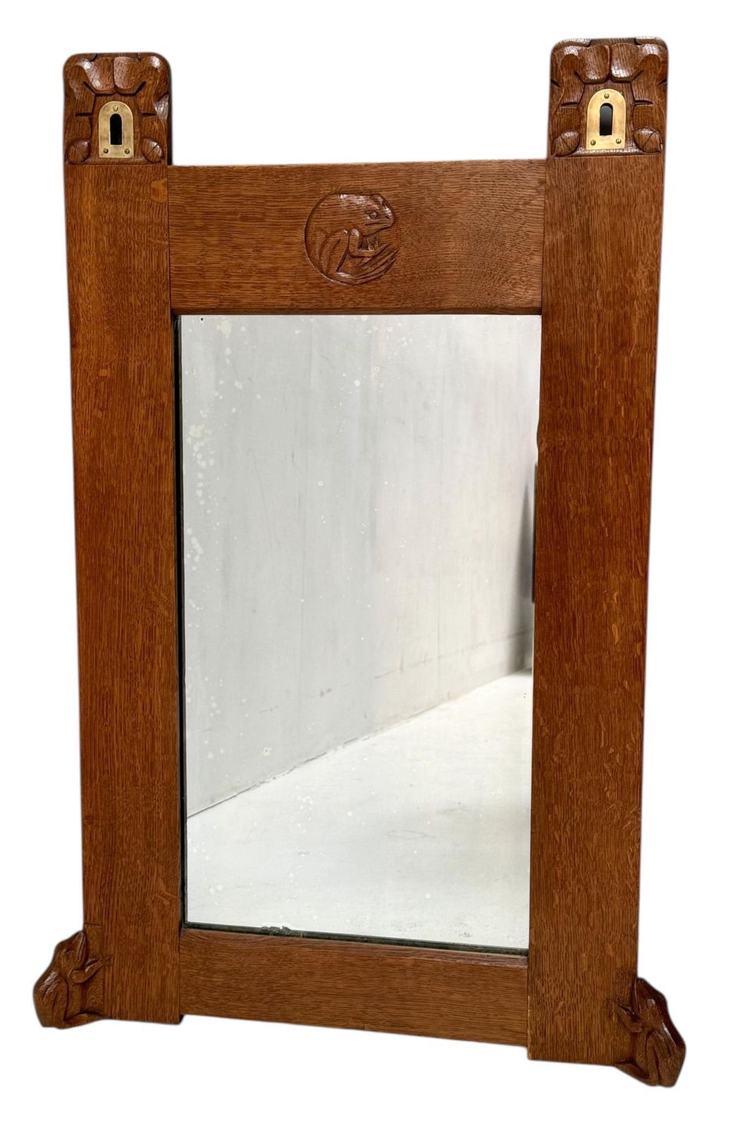 Arts & Crafts Wall Mirror With Hand Carved Frogs By Kobus De Graaff, 1900s photo for sale