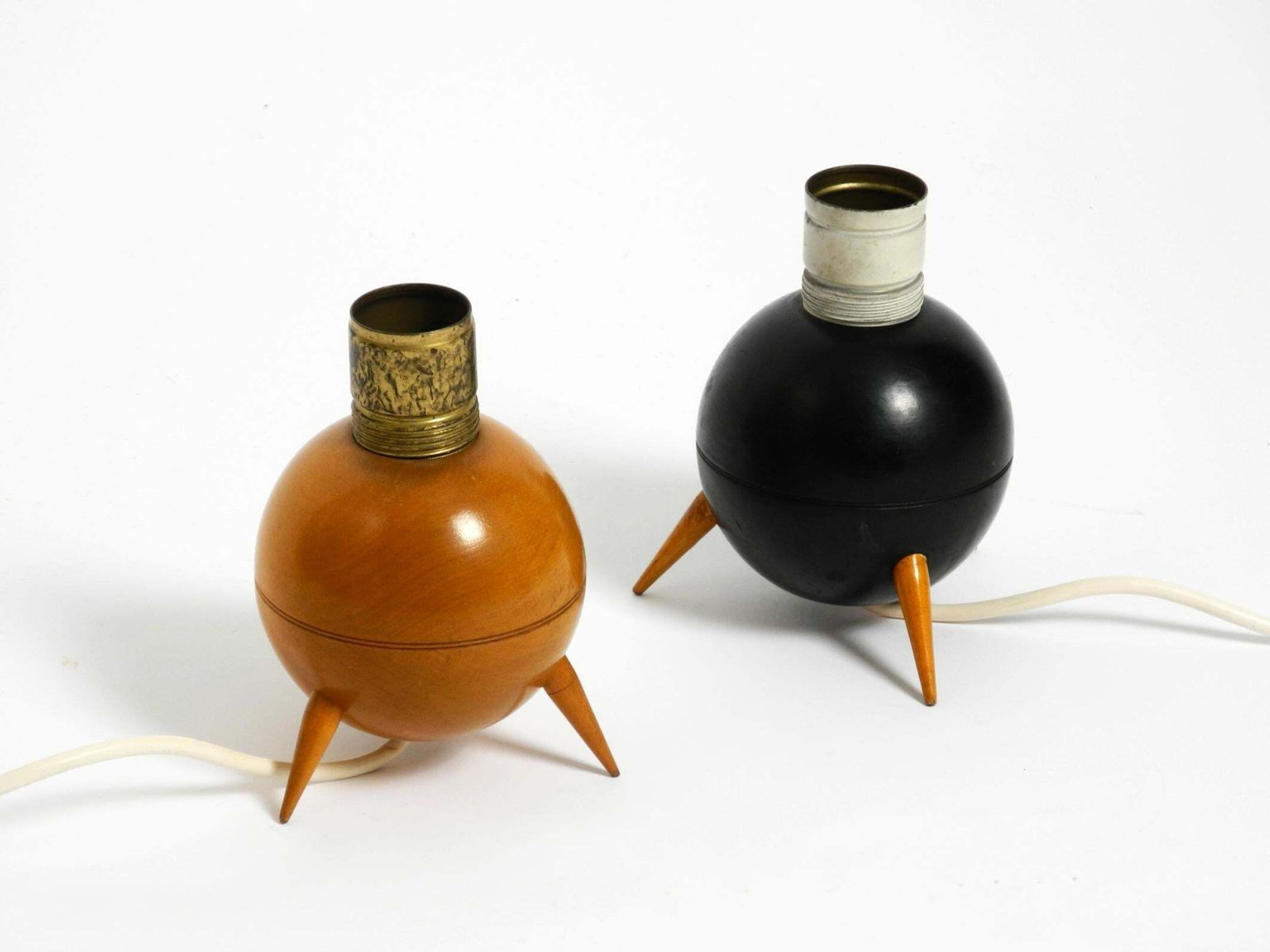 Pair Of Beautiful Small Mid Century Modern Tripod Wooden Table Lamps photo Lighting