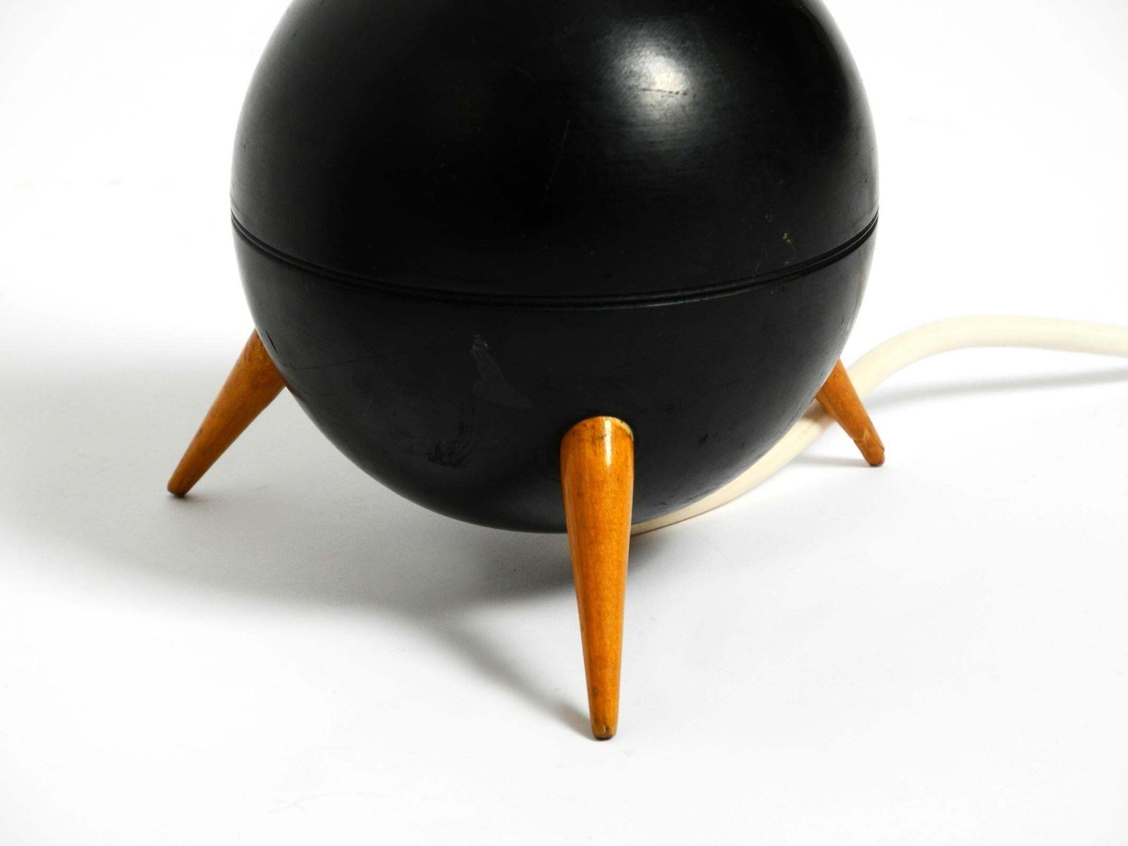 Lighting Pair Of Beautiful Small Mid Century Modern Tripod Wooden Table Lamps photo