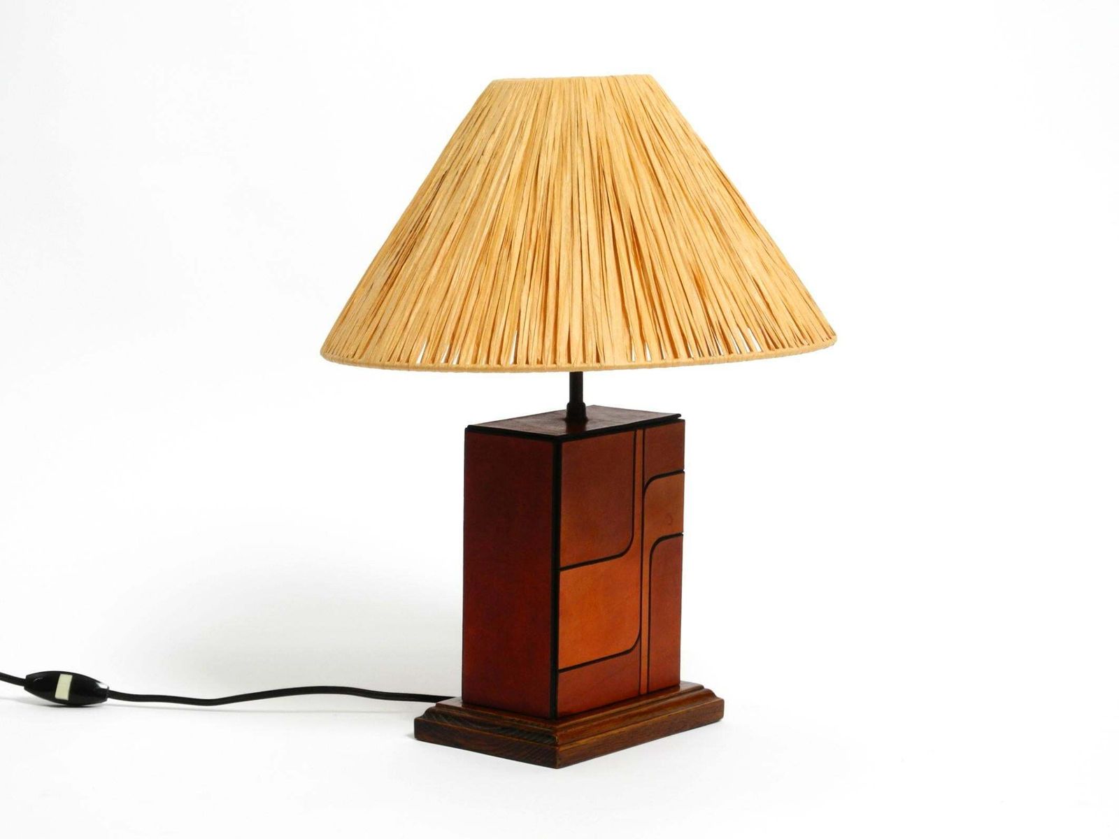 Italian 1960s Table Lamp Made Of Wood And Leather With Paper Straw Lampshade photo furniture