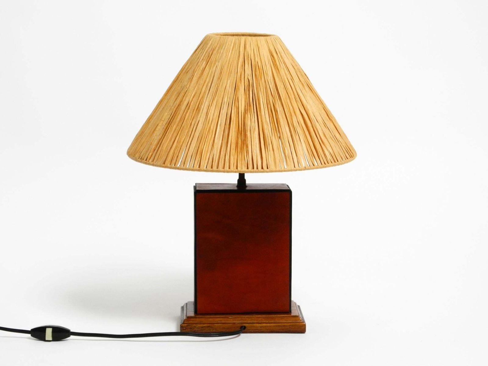 Italian 1960s Table Lamp Made Of Wood And Leather With Paper Straw Lampshade photo for sale