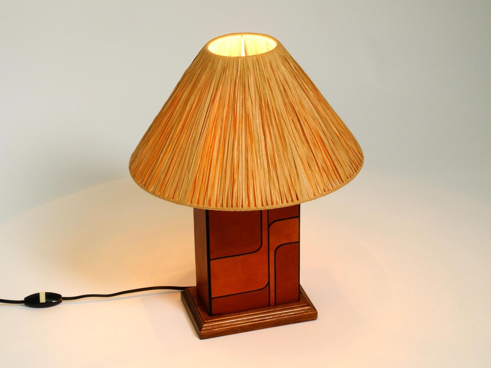 Italian 1960s Table Lamp Made Of Wood And Leather With Paper Straw Lampshade photo Lighting