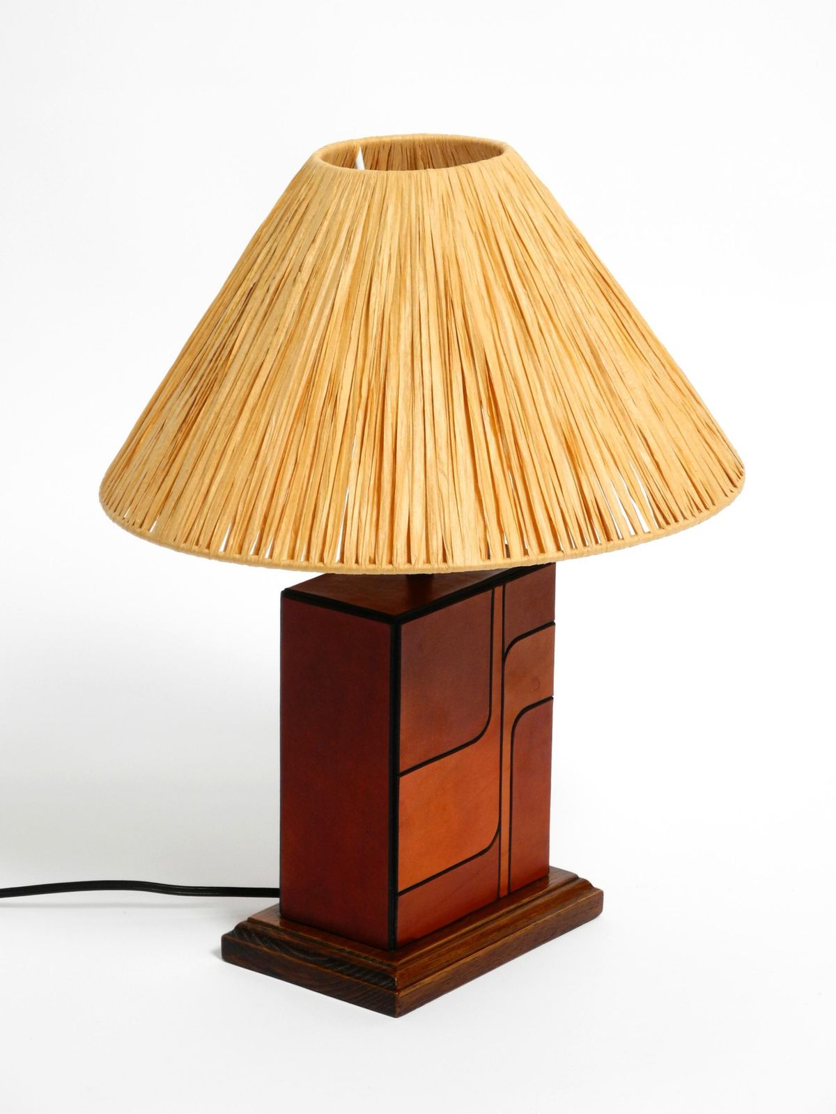 Italian 1960s Table Lamp Made Of Wood And Leather With Paper Straw Lampshade photo 797.0