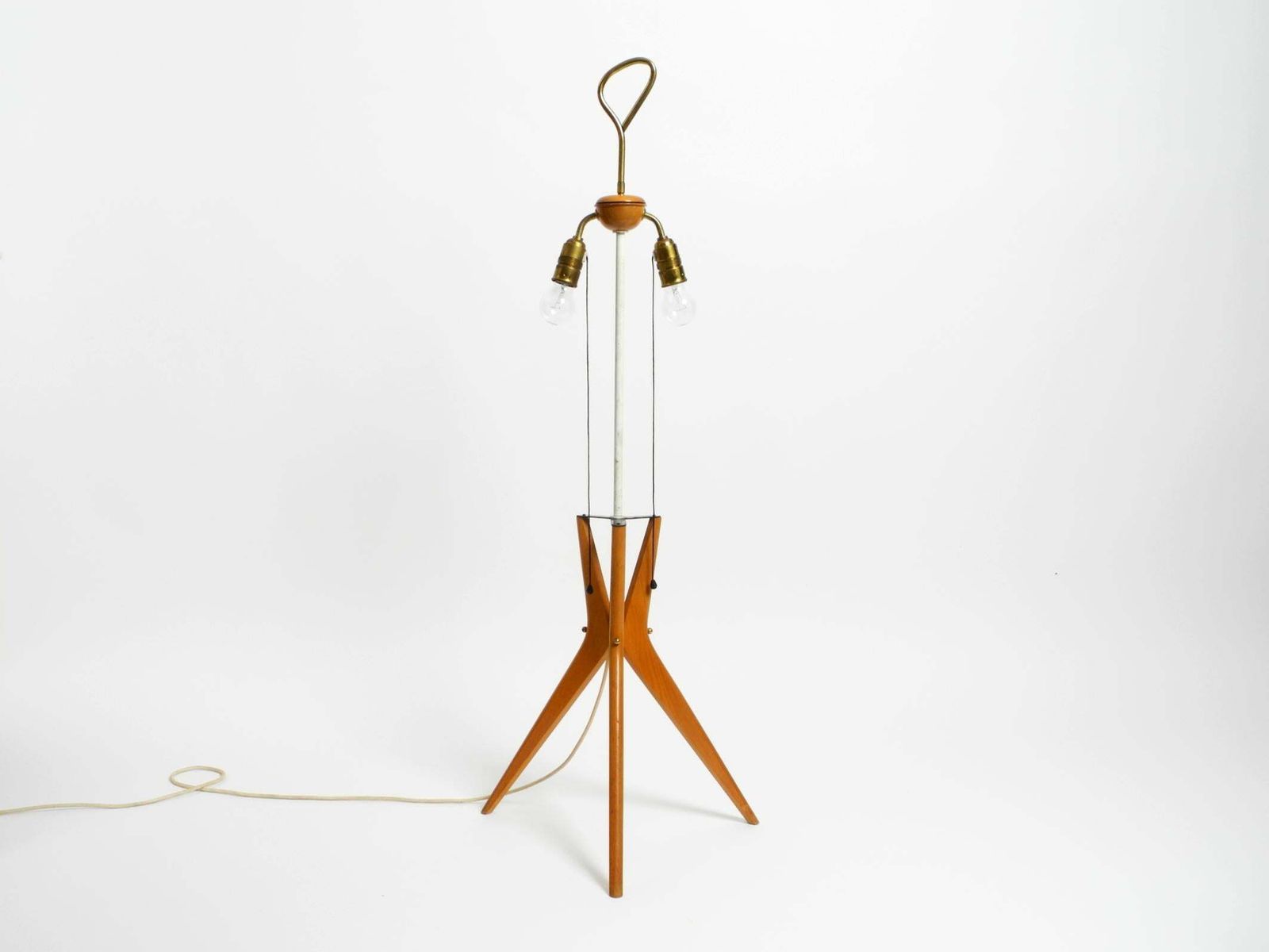 Beautiful Mid Century Tripod Walnut Wood Floor Lamp With Large Fabric Shade photo vintage