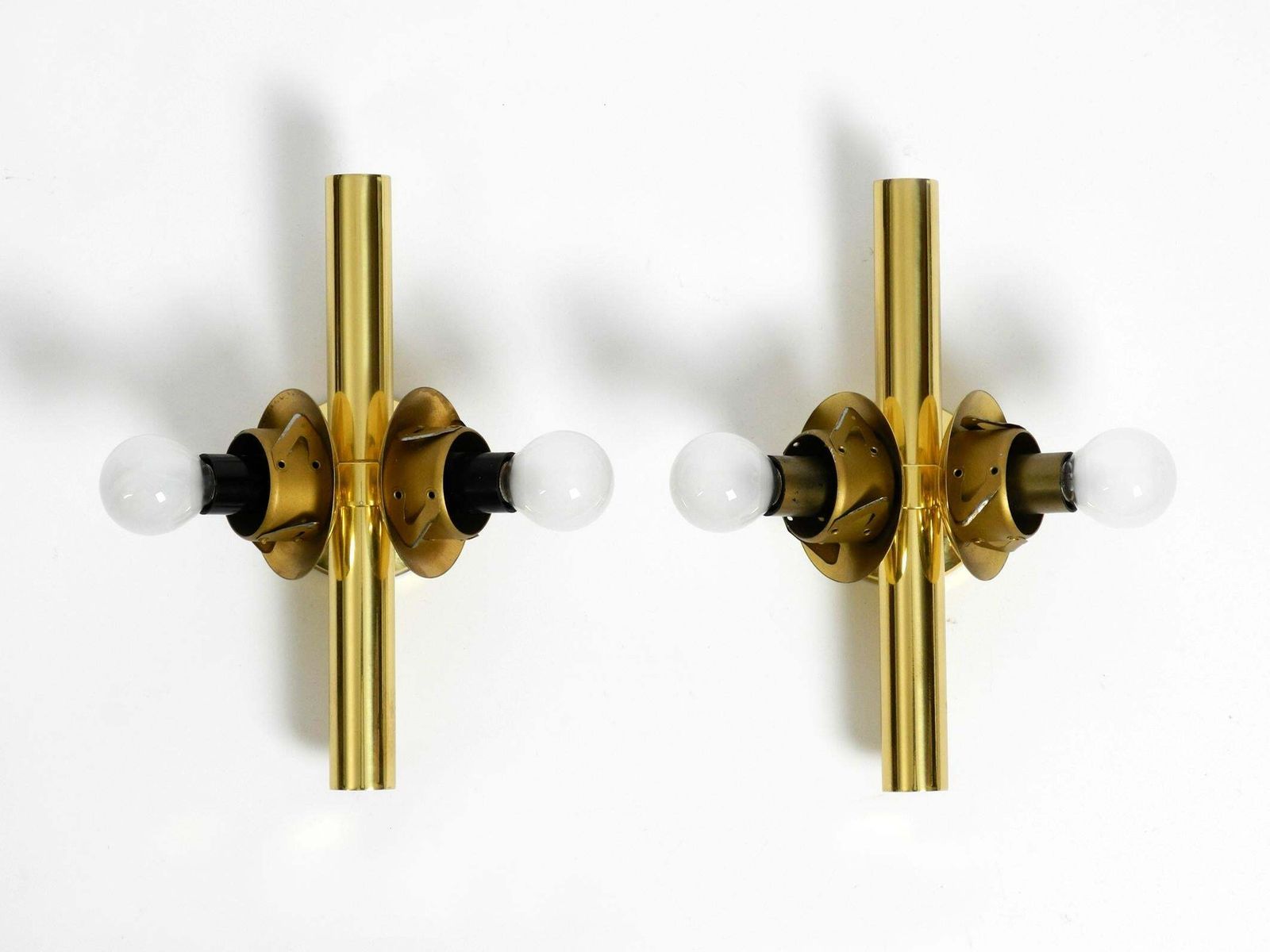 Pair Of Beautiful 1960s Kaiser Brass Wall Lamps With Two Golden Glass Spheres photo buy