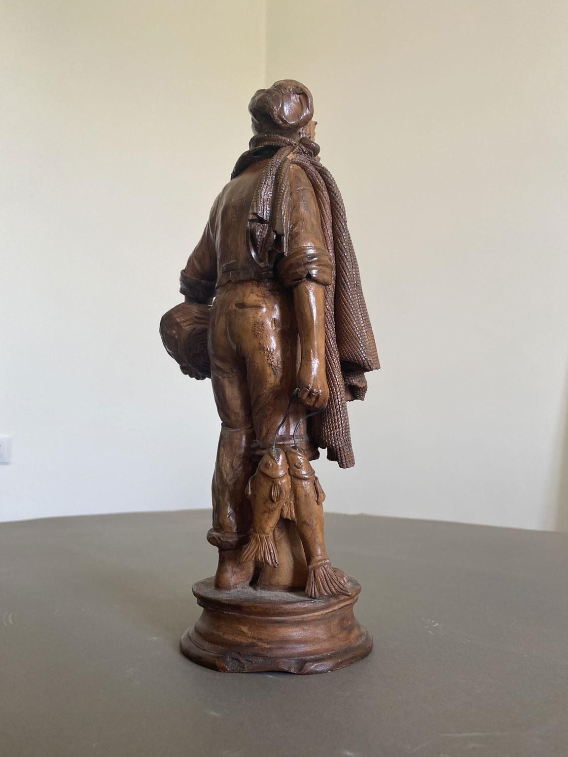 photo for sale Italy Late 20th Century Carved Wooden Fisherman Sculpture