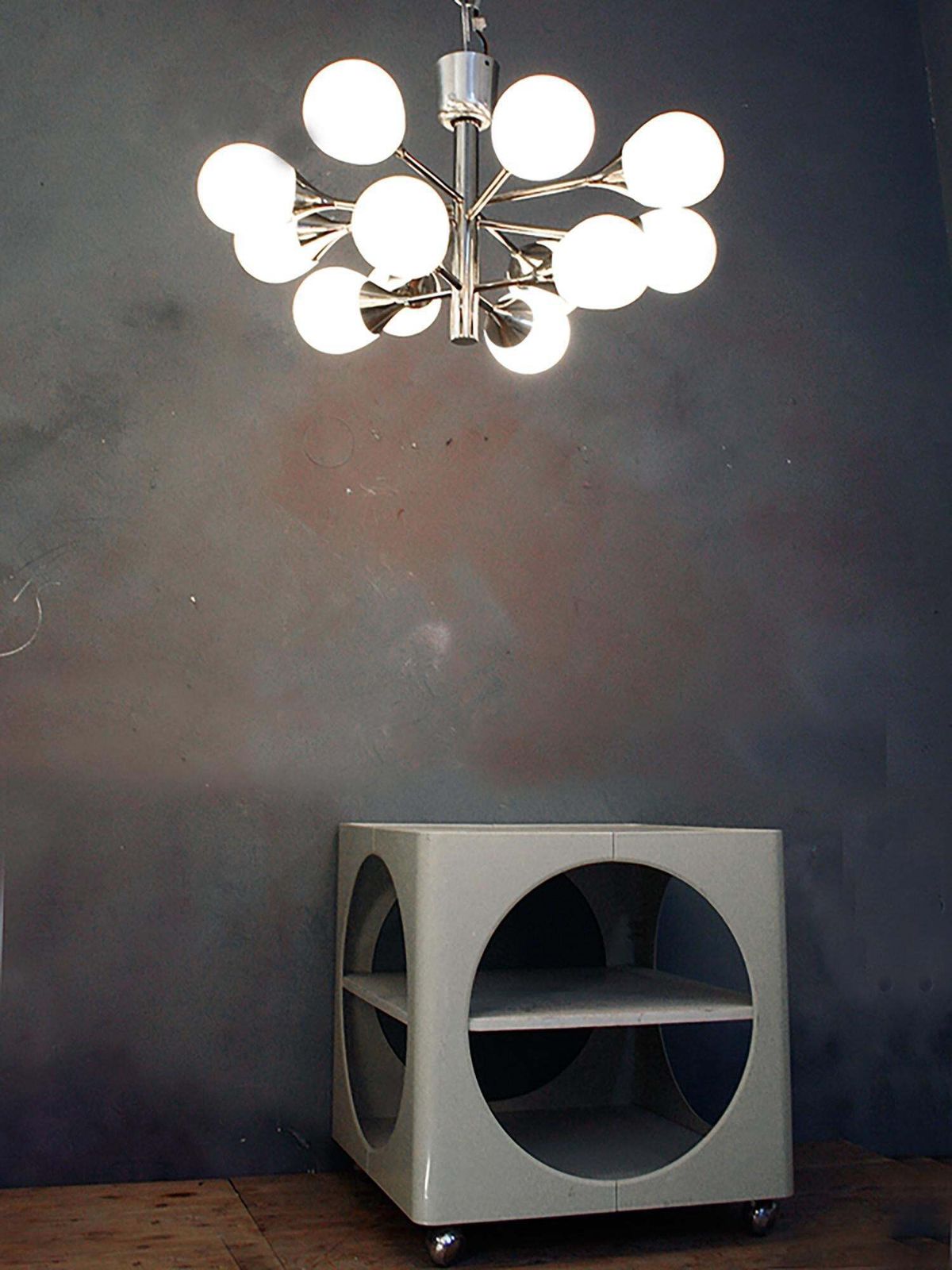 German Sputnik Flush Mount Chandelier White Glass Globes & Chrome By Kaiser 1970 photo for sale