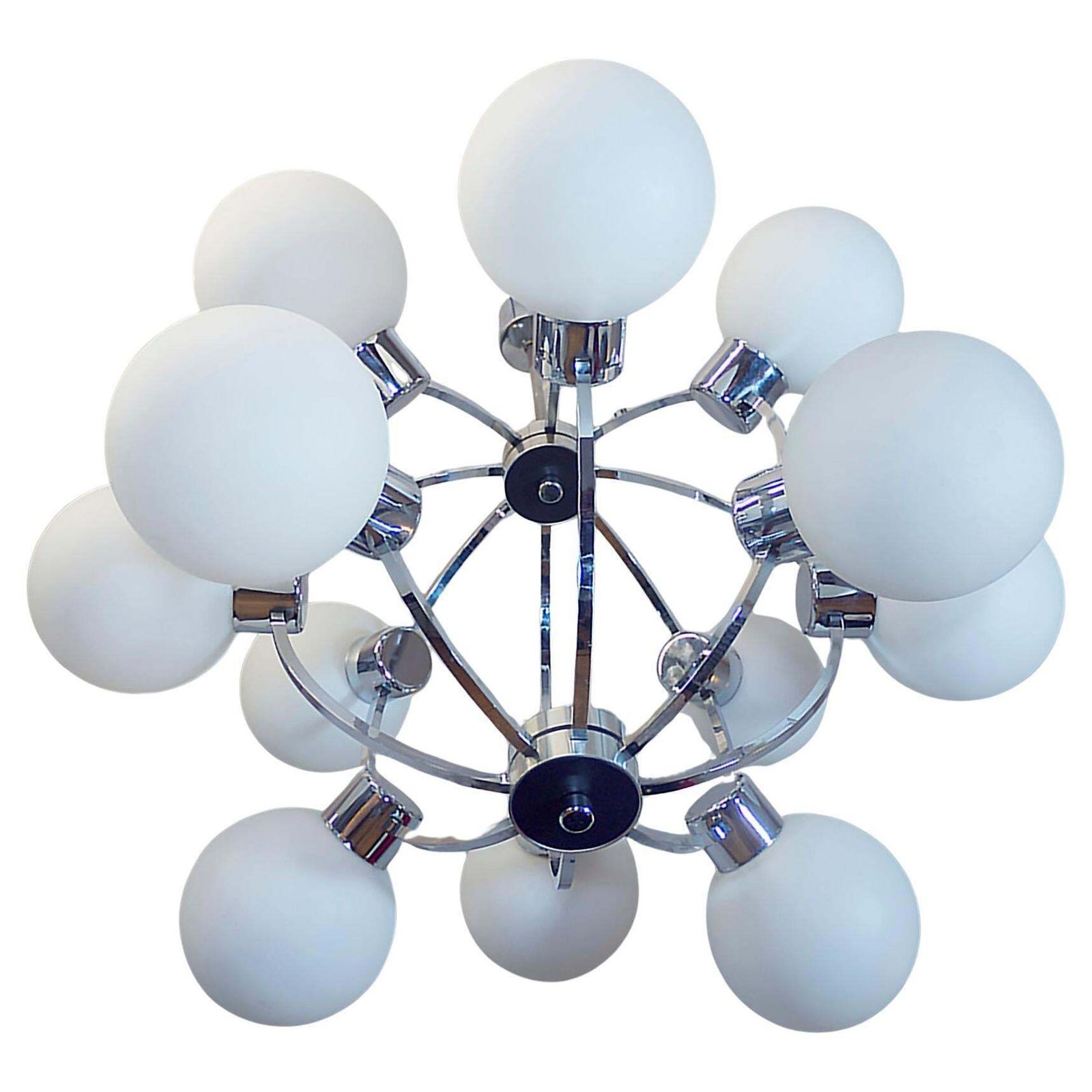German 26" Atomic Sputnik Chandelier White Glass Globes & Chrome By Kaiser 1970s