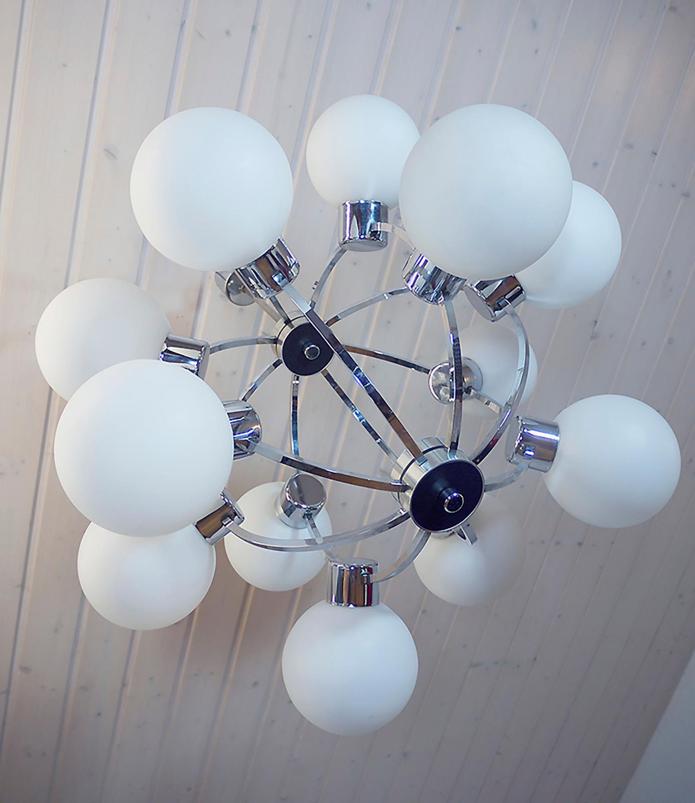 German 26" Atomic Sputnik Chandelier White Glass Globes & Chrome By Kaiser 1970s photo for sale