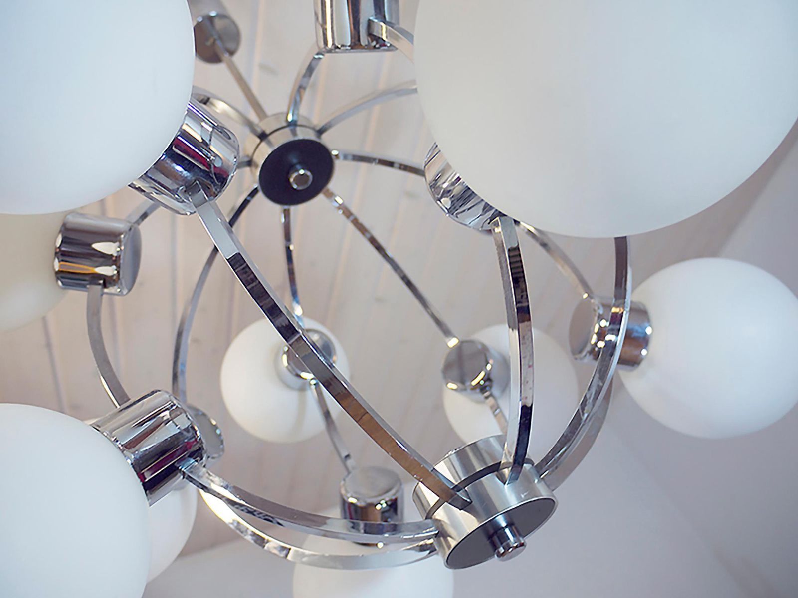German 26" Atomic Sputnik Chandelier White Glass Globes & Chrome By Kaiser 1970s photo vinterior
