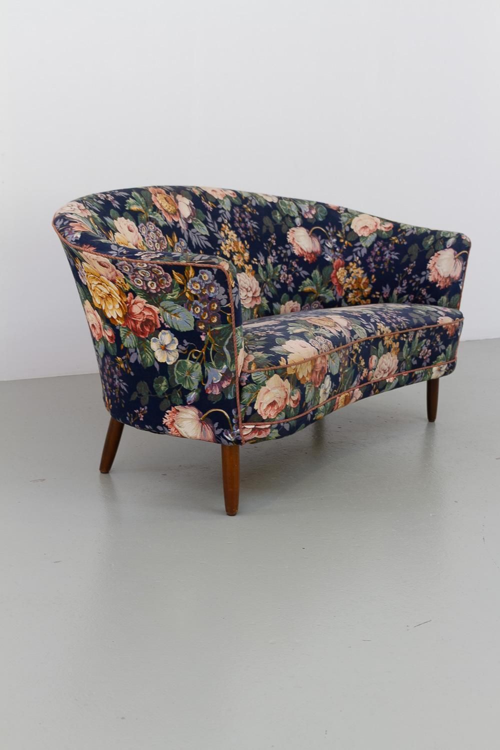 Danish Mid Century Two Seater Banana Sofa With Floral Fabric, 1950s. photo for sale