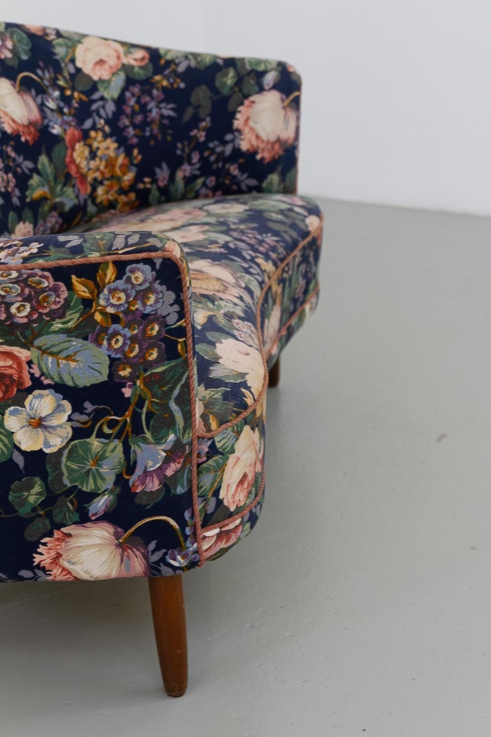 Danish Mid Century Two Seater Banana Sofa With Floral Fabric, 1950s. photo Furniture