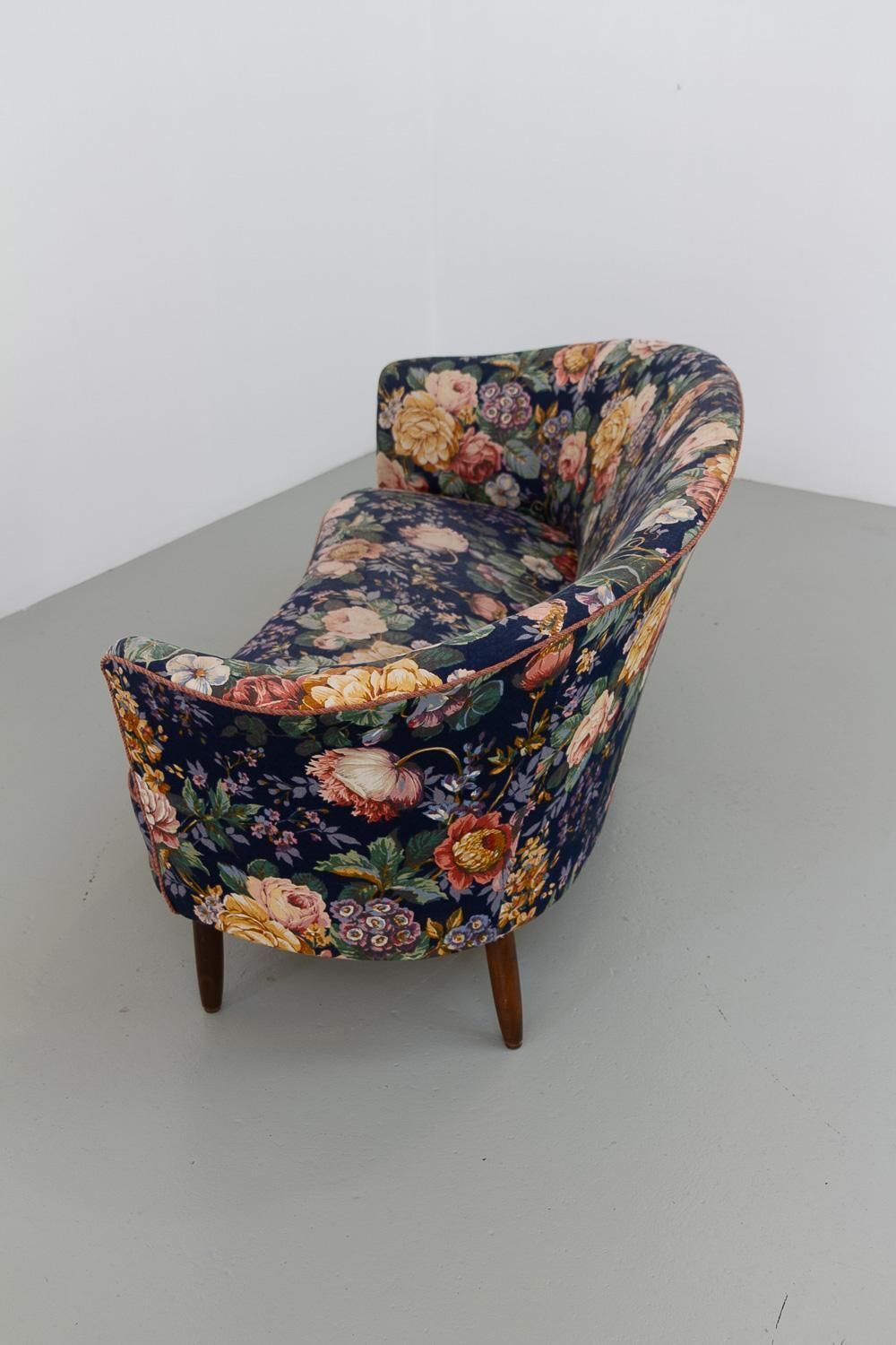 photo furniture Danish Mid Century Two Seater Banana Sofa With Floral Fabric, 1950s.