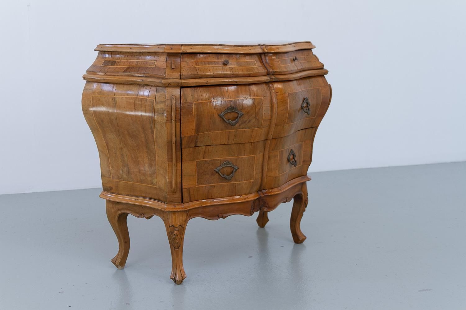 Italian Olive Wood Bombe Chest Of Drawers Rococo Style, 1950s. photo vinterior