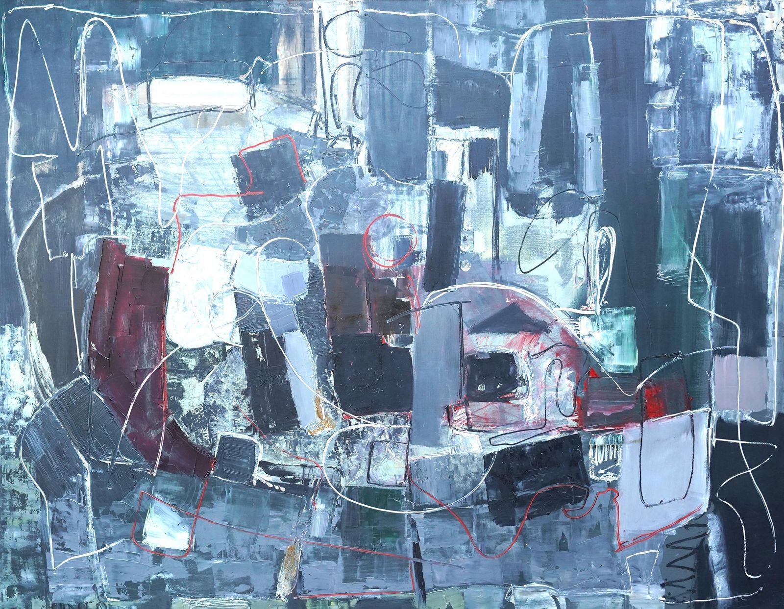 Robert Sadlersouvenir 1958   British Fifties Abstract Art Oil Painting Suffolk Artist1958 photo furniture