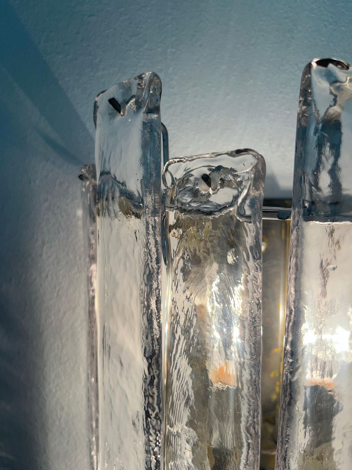 photo for sale Italian Midcentury Long Clear Murano Pair Of Wall Sconces By Mazzega, 1970s