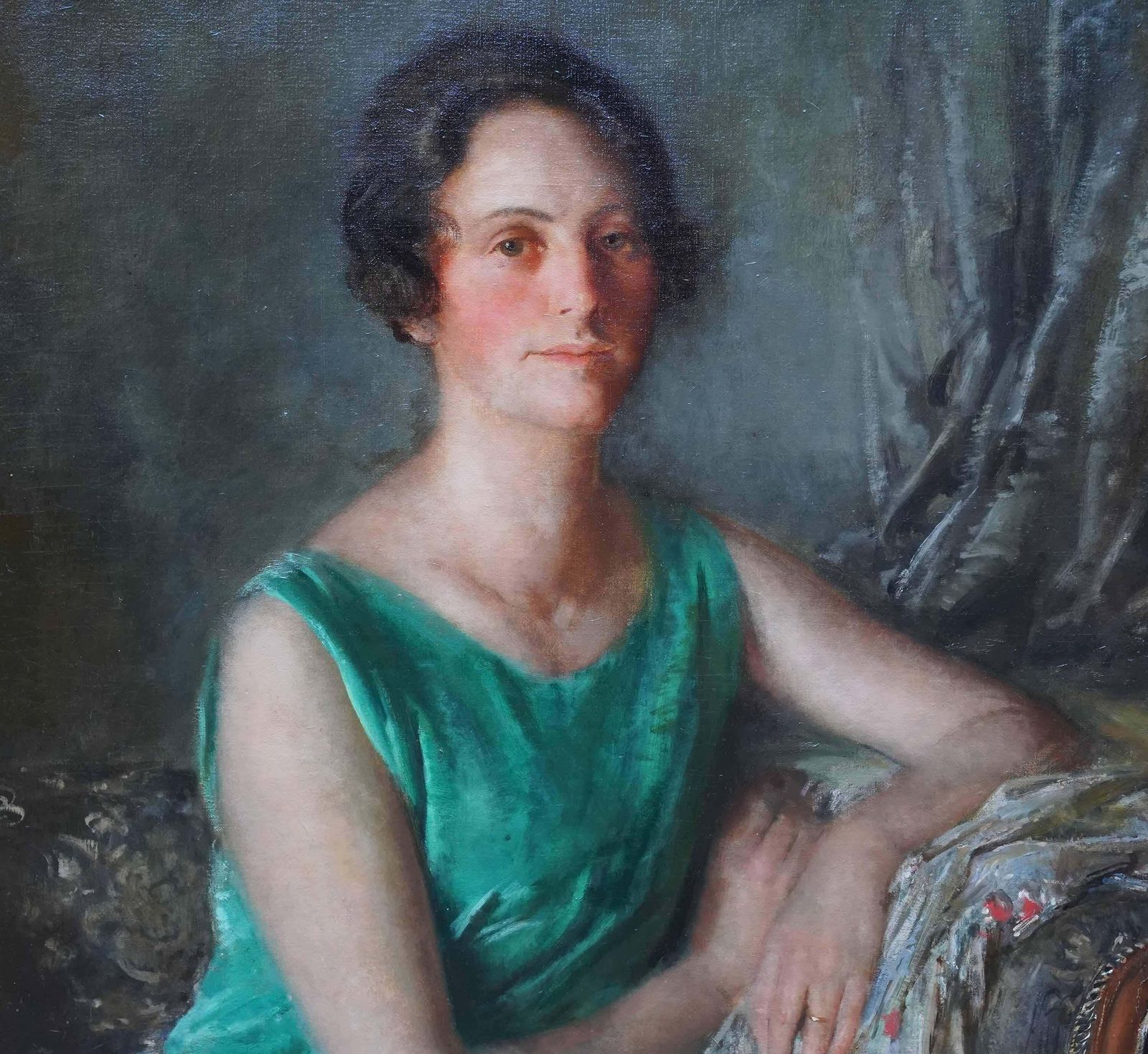 Walter Westley Russellportrait Of Mrs Guy Houlder In Green Dress   British Exhib Art Deco Oil Painting1927 photo for sale