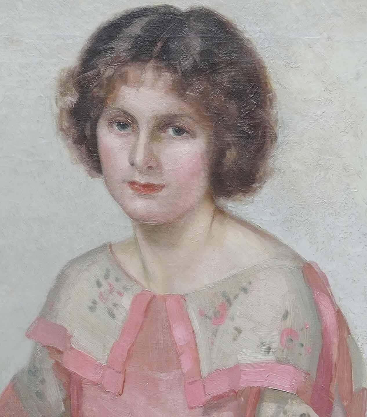 James P Barracloughportrait Of A Lady In Pink Dress   British 1920's Art Deco Portrait Oil Painting1923 photo 4074.0